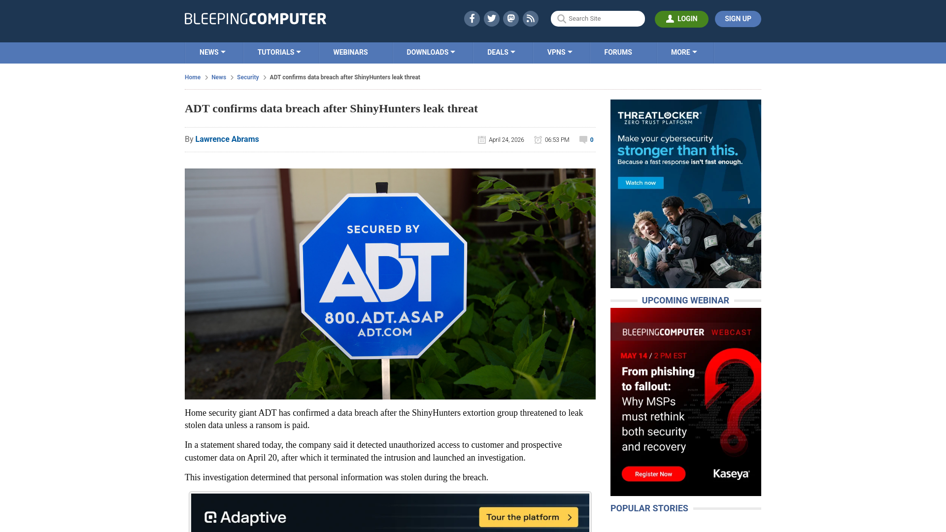 ADT confirms data breach after ShinyHunters leak threat