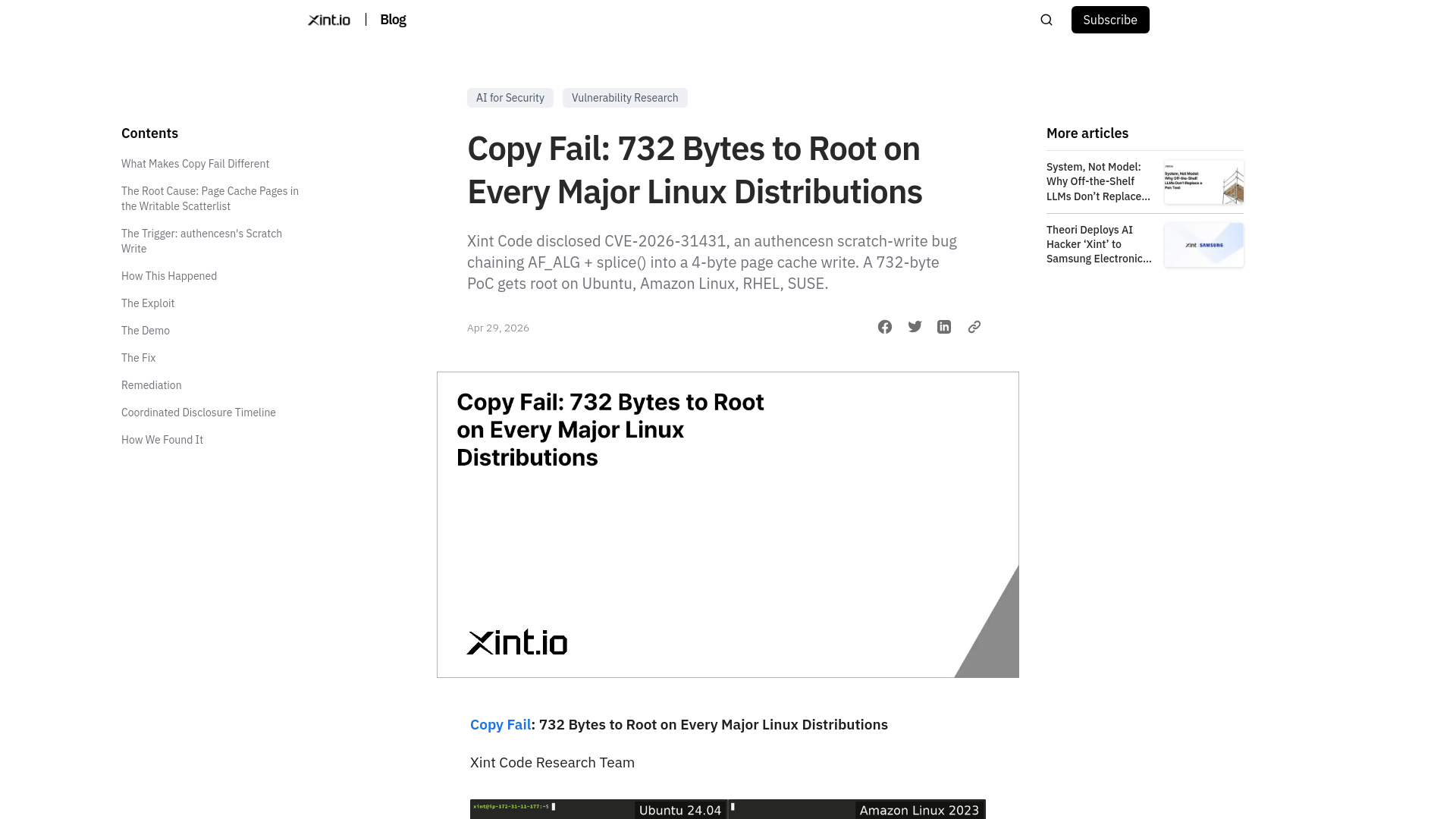 Copy Fail: 732 Bytes to Root on Every Major Linux Distributions - Xint