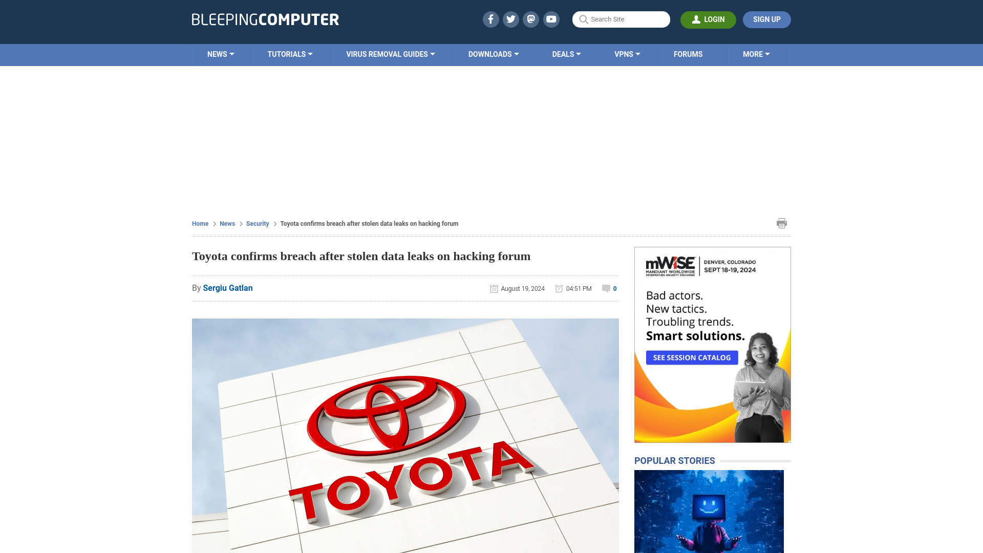 Toyota confirms breach after stolen data leaks on hacking forum