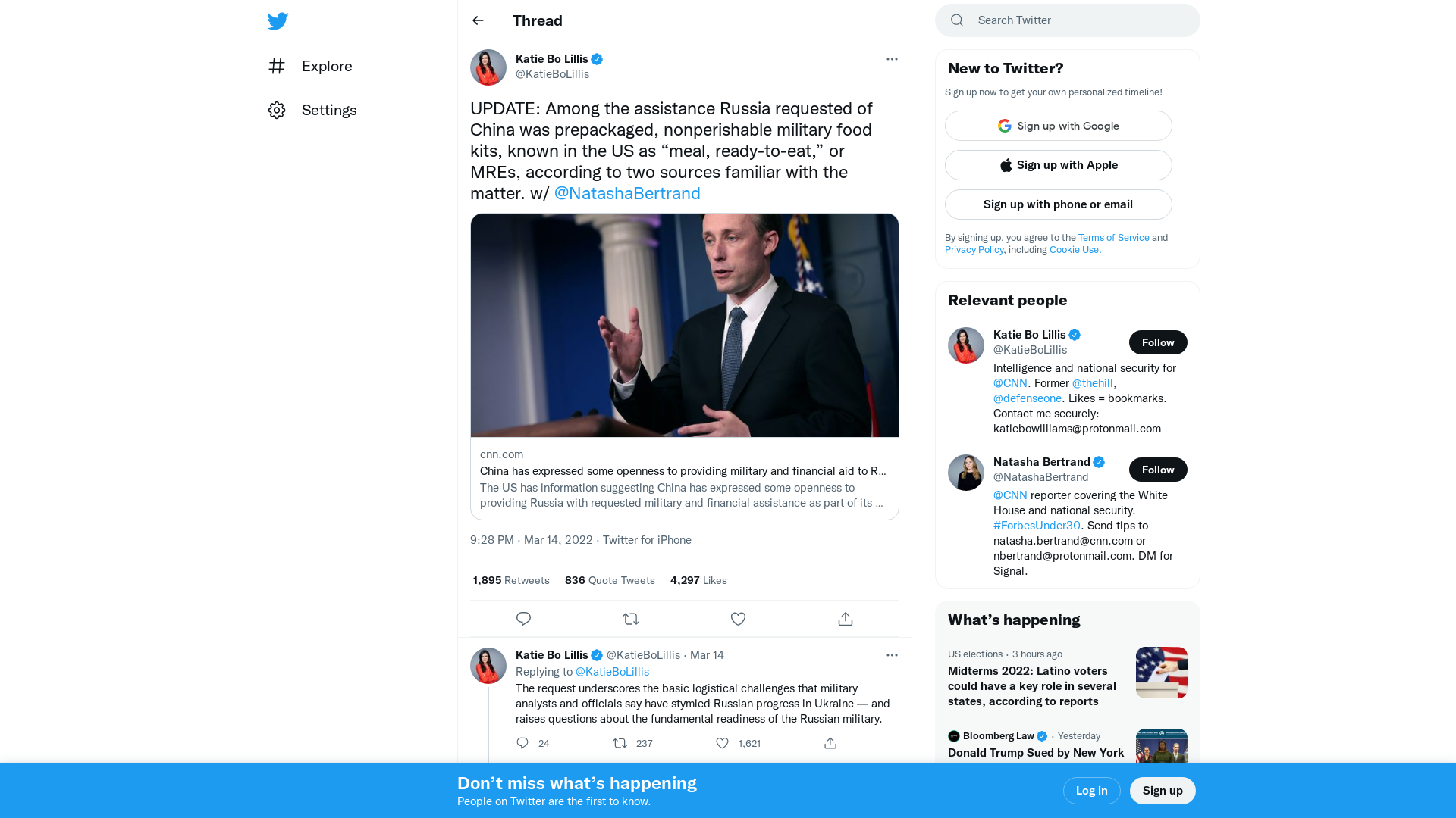 Katie Bo Lillis on Twitter: "UPDATE: Among the assistance Russia requested of China was prepackaged, nonperishable military food kits, known in the US as “meal, ready-to-eat,” or MREs, according to two sources familiar with the matter. w/ @NatashaBertrand https://t.co/LqPifkGvQh" / Twitter