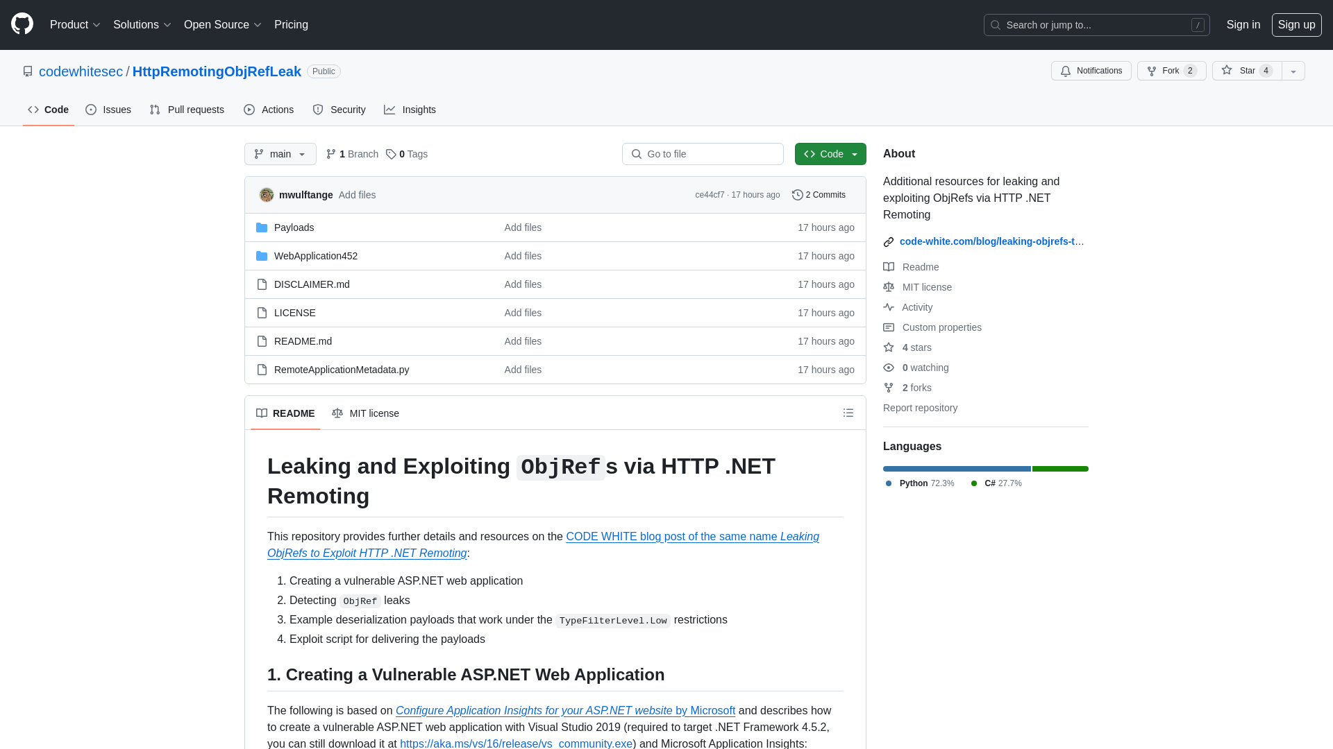 GitHub - codewhitesec/HttpRemotingObjRefLeak: Additional resources for leaking and exploiting ObjRefs via HTTP .NET Remoting