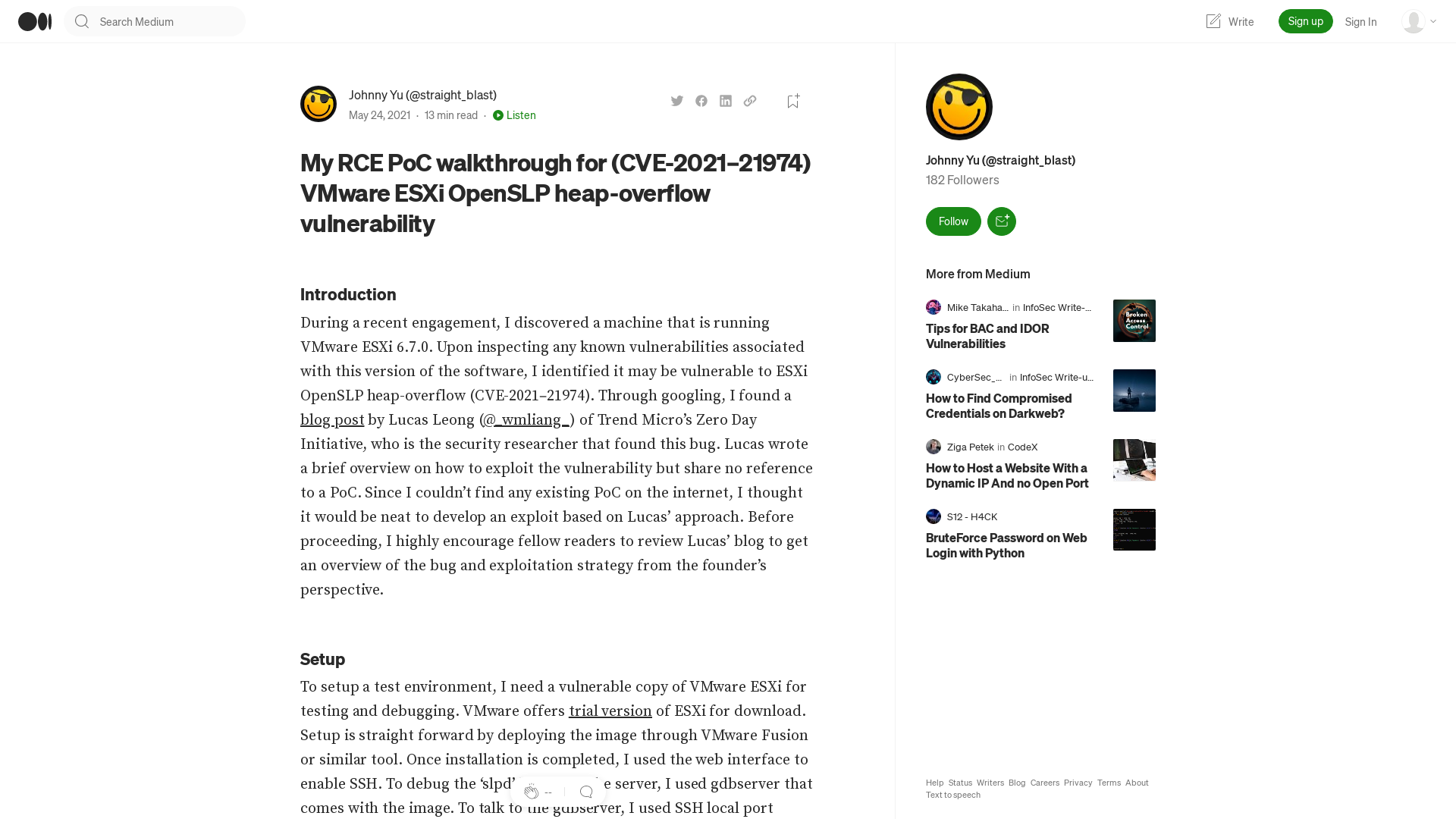 My RCE PoC walkthrough for (CVE-2021–21974) VMware ESXi OpenSLP heap-overflow vulnerability | by Johnny Yu (@straight_blast) | Medium