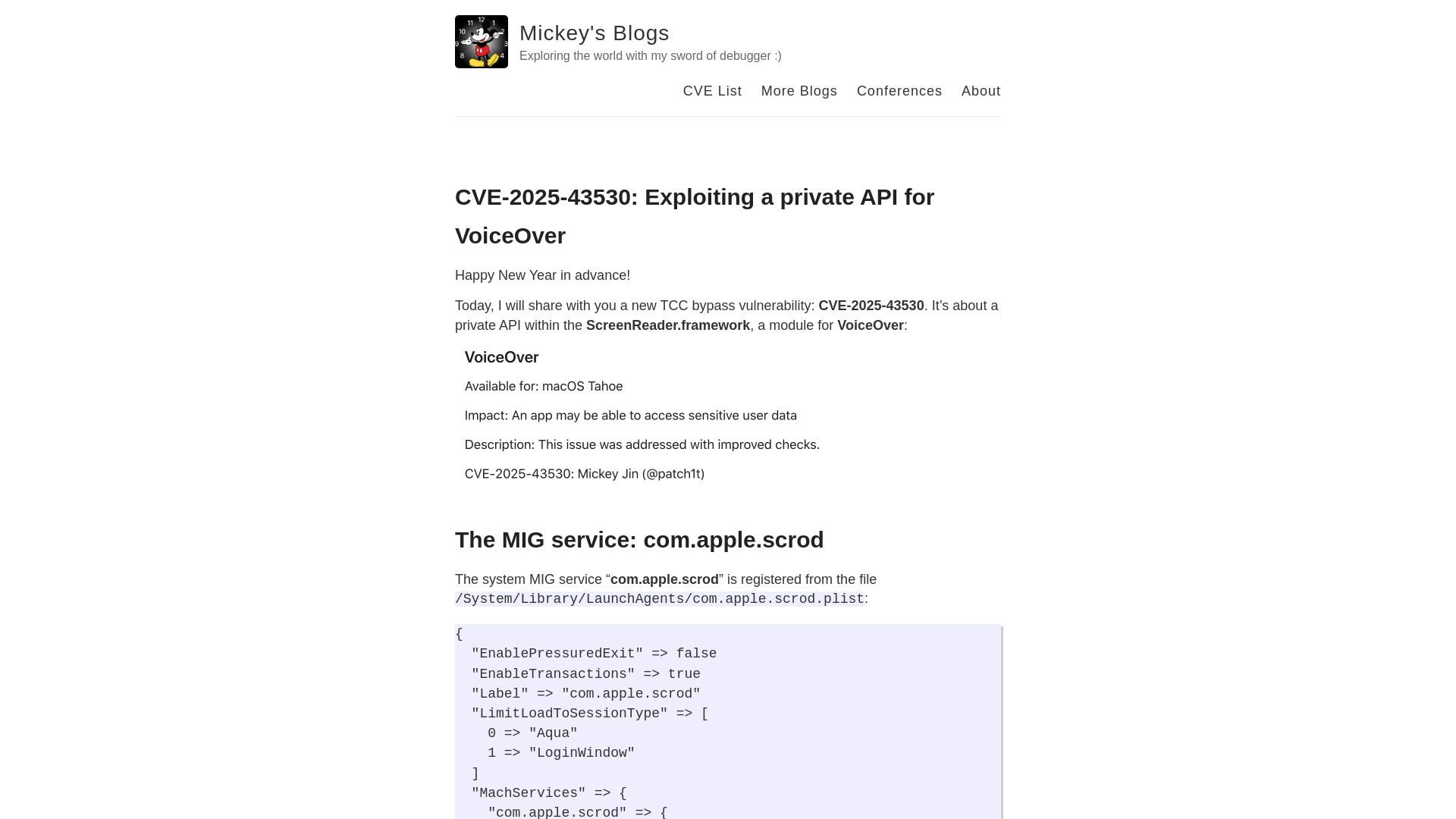 CVE-2025-43530: Exploiting a private API for VoiceOver – Mickey's Blogs – Exploring the world with my sword of debugger :)