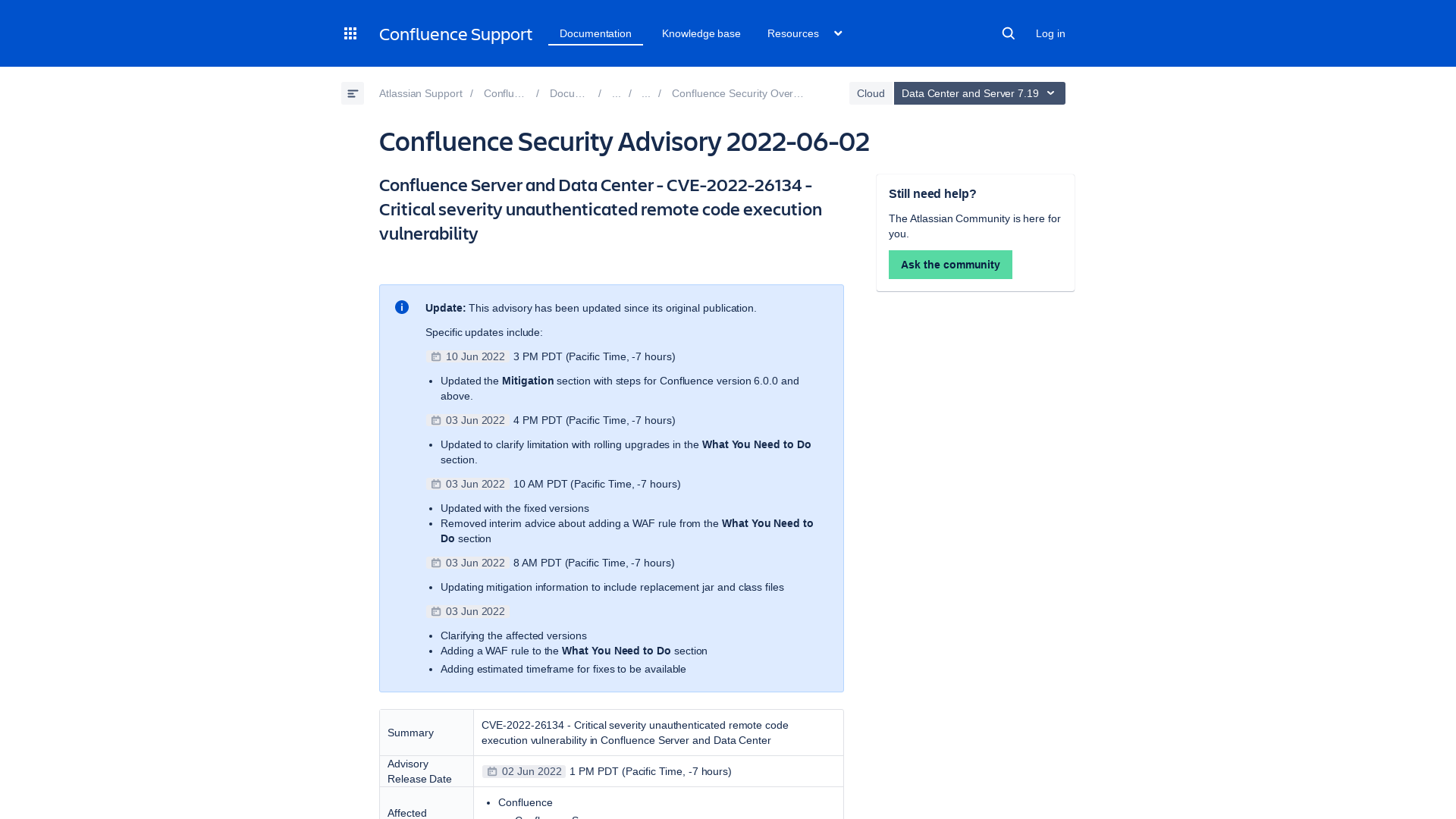 Confluence Security Advisory 2022-06-02 | Confluence Data Center and Server 7.19 | Atlassian Documentation