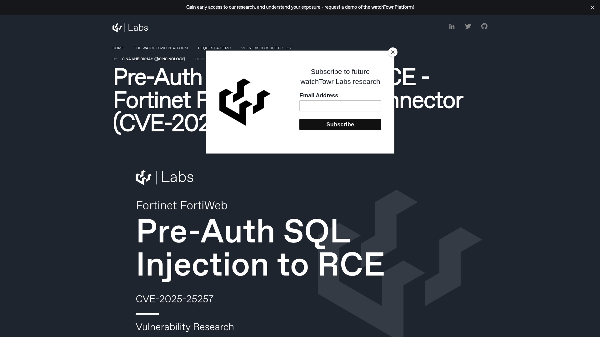 Pre-Auth SQL Injection to RCE - Fortinet FortiWeb Fabric Connector (CVE-2025-25257)