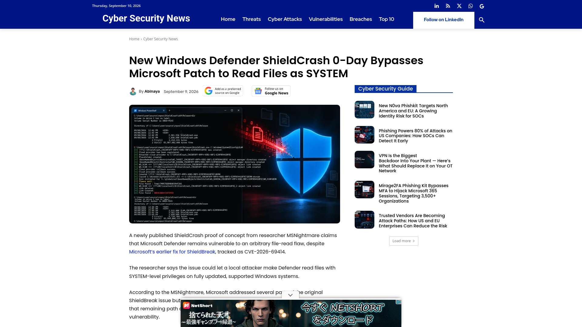 New Windows Defender ShieldCrash 0-Day Bypasses Microsoft Patch to Read Files as SYSTEM