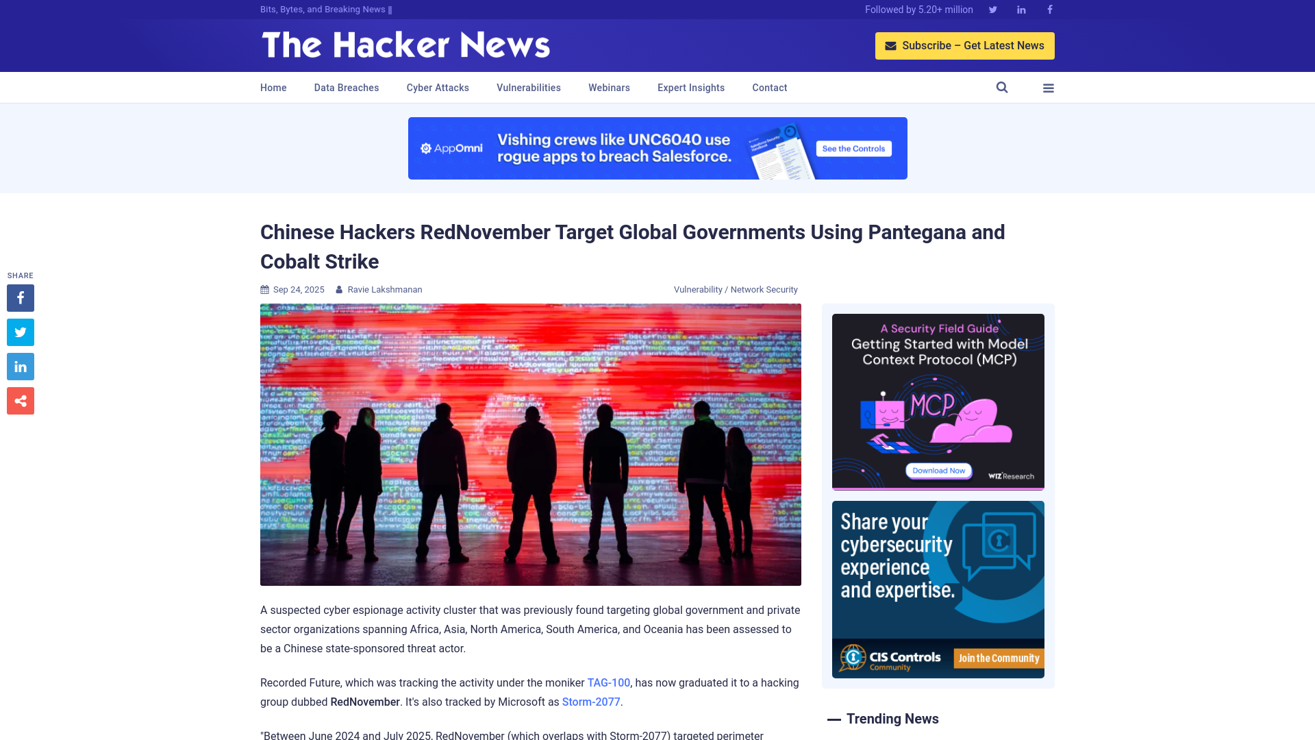 Chinese Hackers RedNovember Target Global Governments Using Pantegana and Cobalt Strike