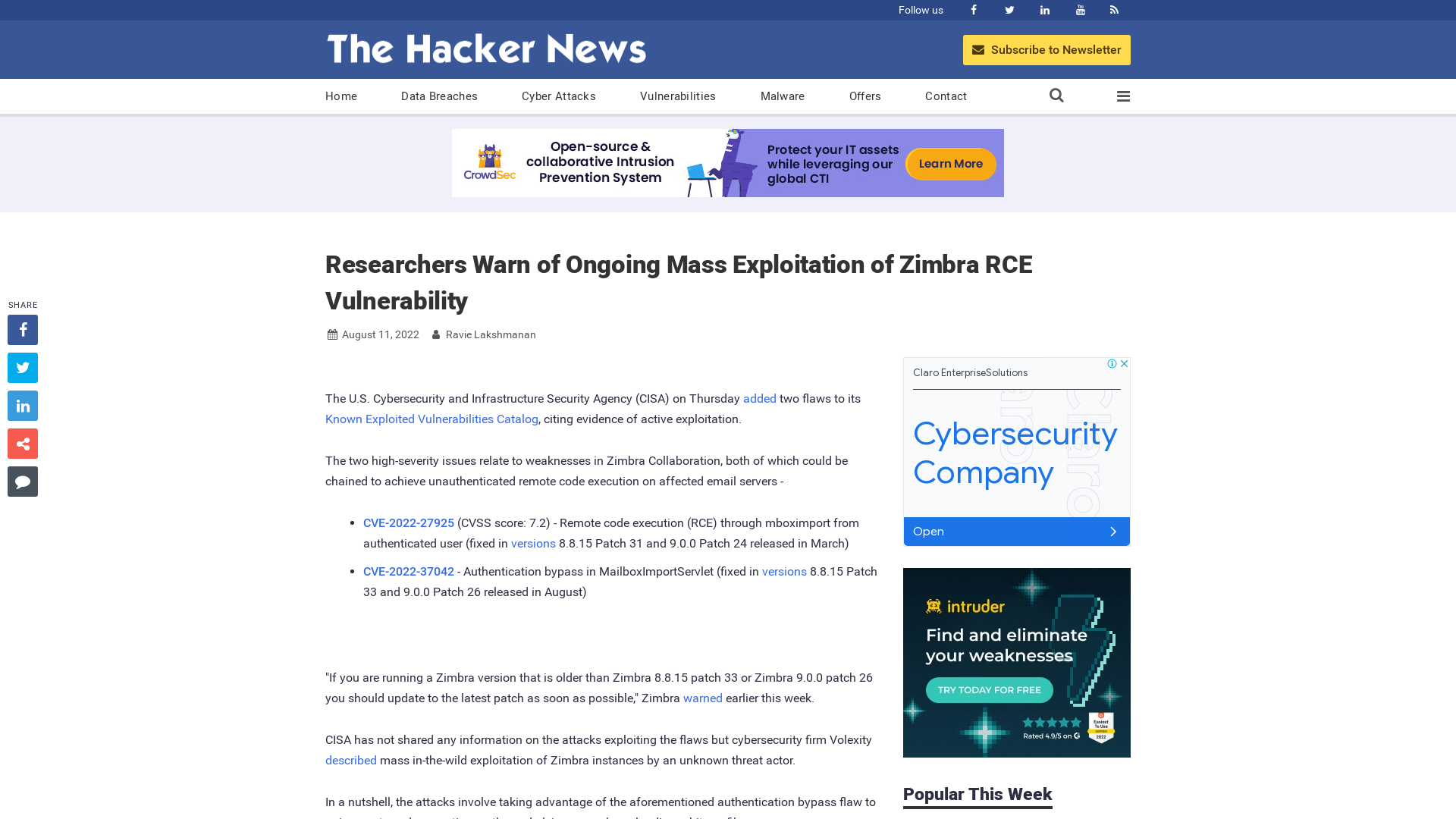 Researchers Warn of Ongoing Mass Exploitation of Zimbra RCE Vulnerability