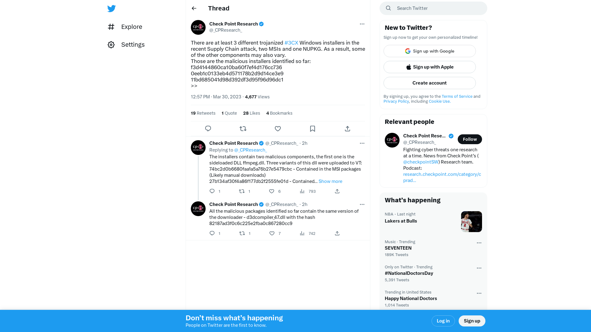 Check Point Research on Twitter: "There are at least 3 different trojanized #3CX Windows installers in the recent Supply Chain attack, two MSIs and one NUPKG. As a result, some of the other components may also vary. Those are the malicious installers identified so far: f3d4144860ca10ba60f7ef4d176cc736…" / Twitter