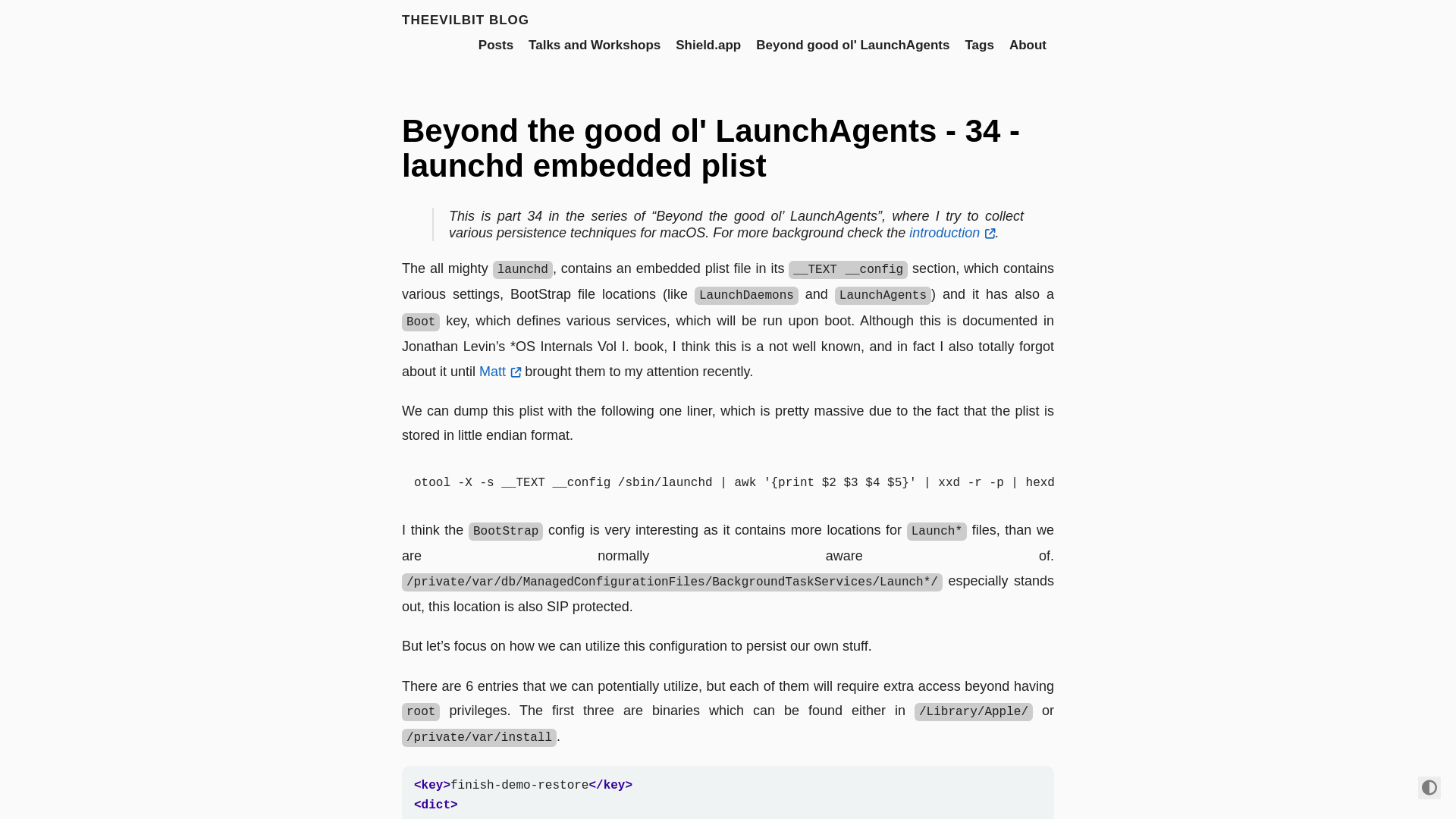 Beyond the good ol' LaunchAgents - 34 - launchd embedded plist · theevilbit blog