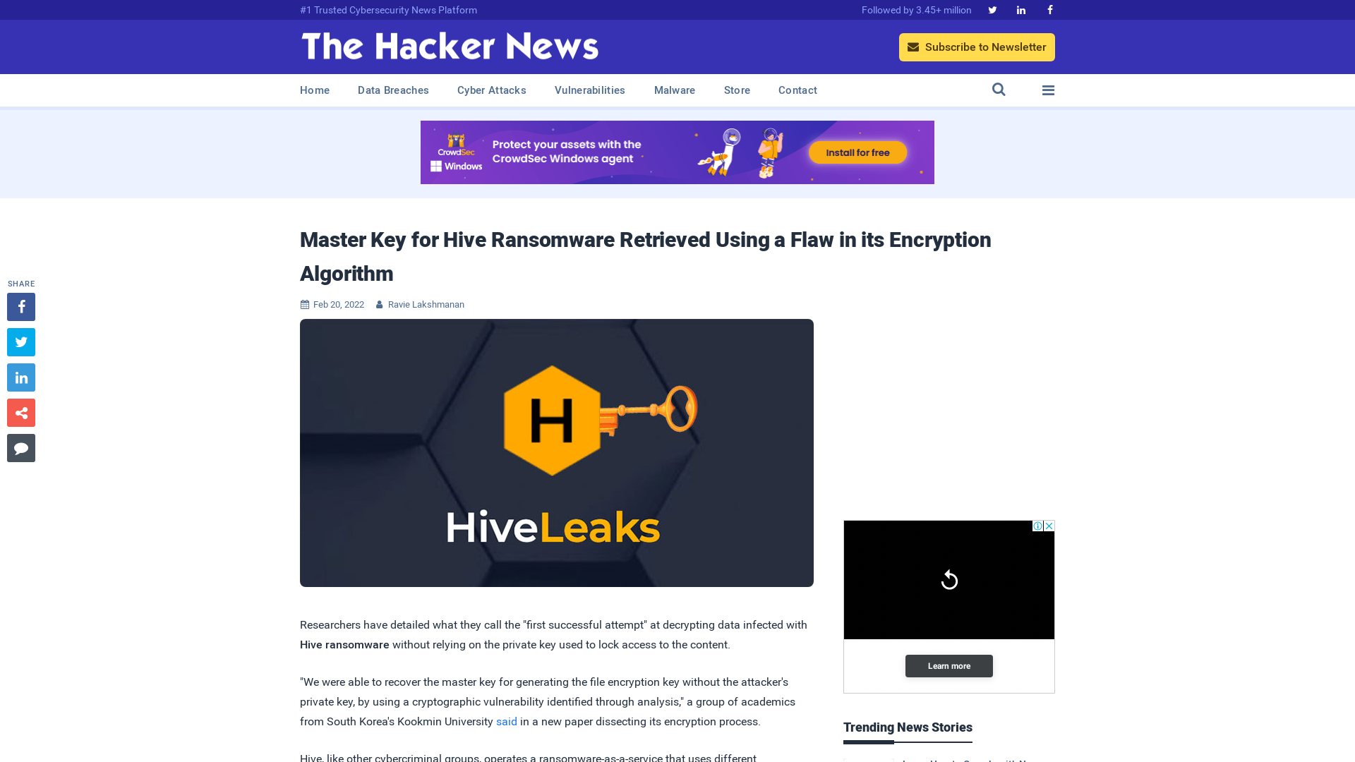 Master Key for Hive Ransomware Retrieved Using a Flaw in its Encryption Algorithm