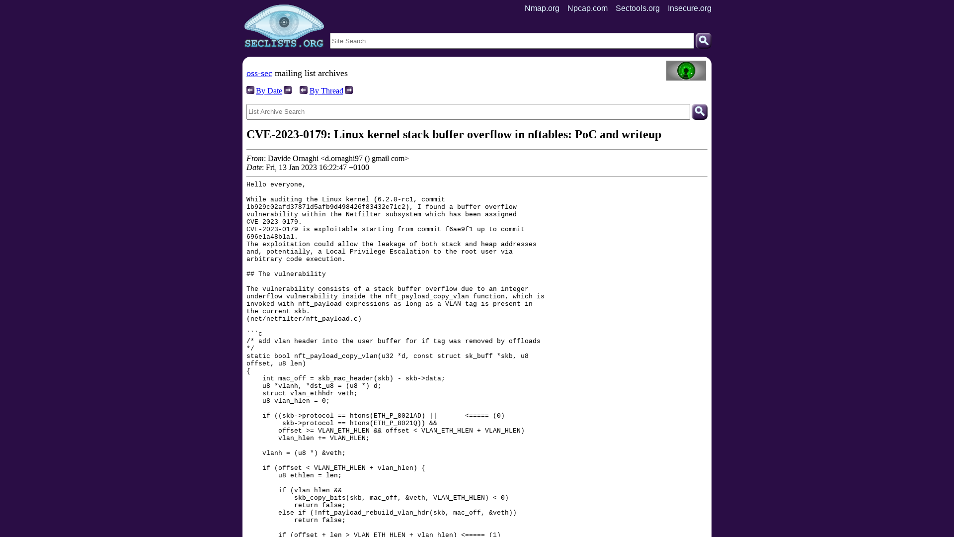 oss-sec: CVE-2023-0179: Linux kernel stack buffer overflow in nftables: PoC and writeup