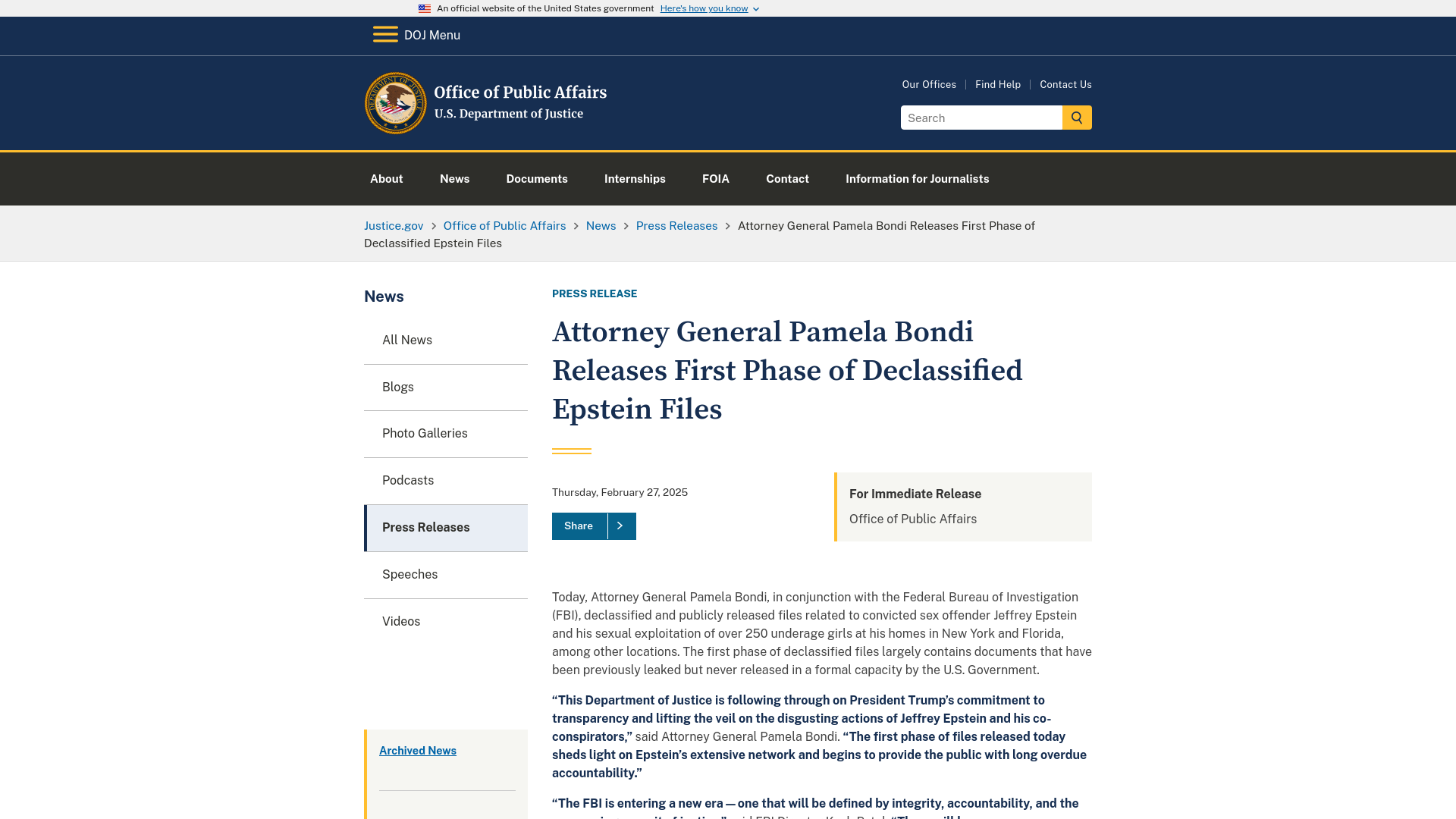 Office of Public Affairs | Attorney General Pamela Bondi Releases First Phase of Declassified Epstein Files | United States Department of Justice