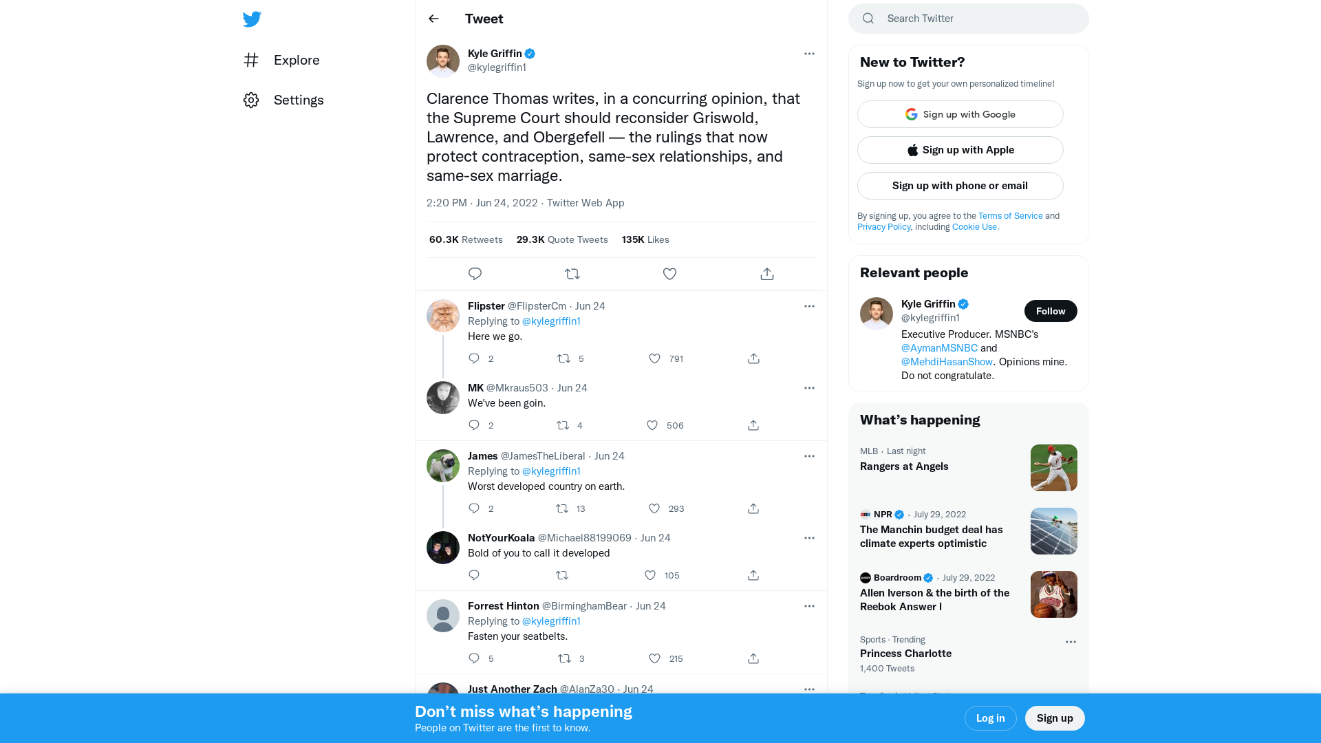 Kyle Griffin on Twitter: "Clarence Thomas writes, in a concurring opinion, that the Supreme Court should reconsider Griswold, Lawrence, and Obergefell — the rulings that now protect contraception, same-sex relationships, and same-sex marriage." / Twitter