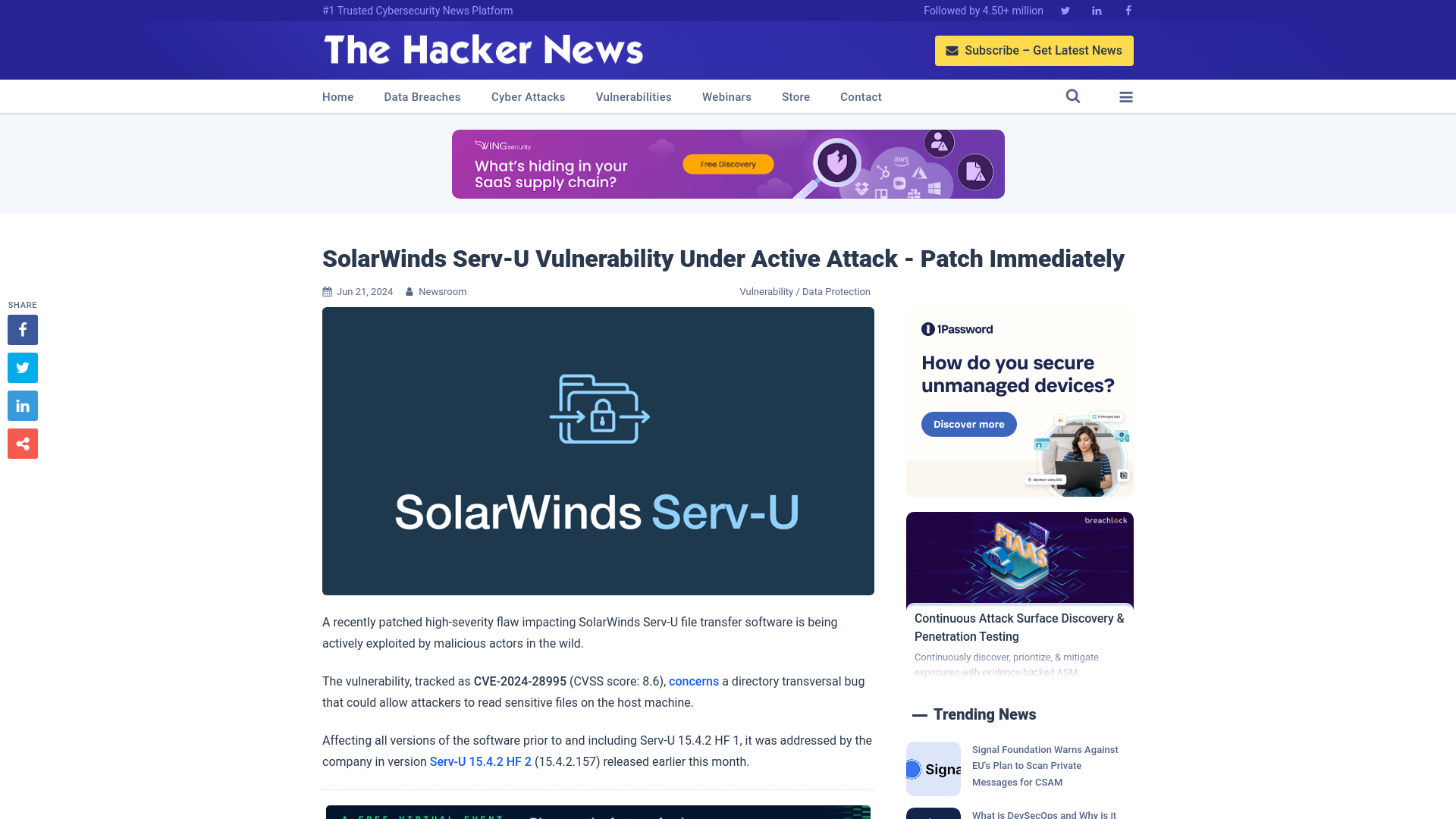 SolarWinds Serv-U Vulnerability Under Active Attack - Patch Immediately