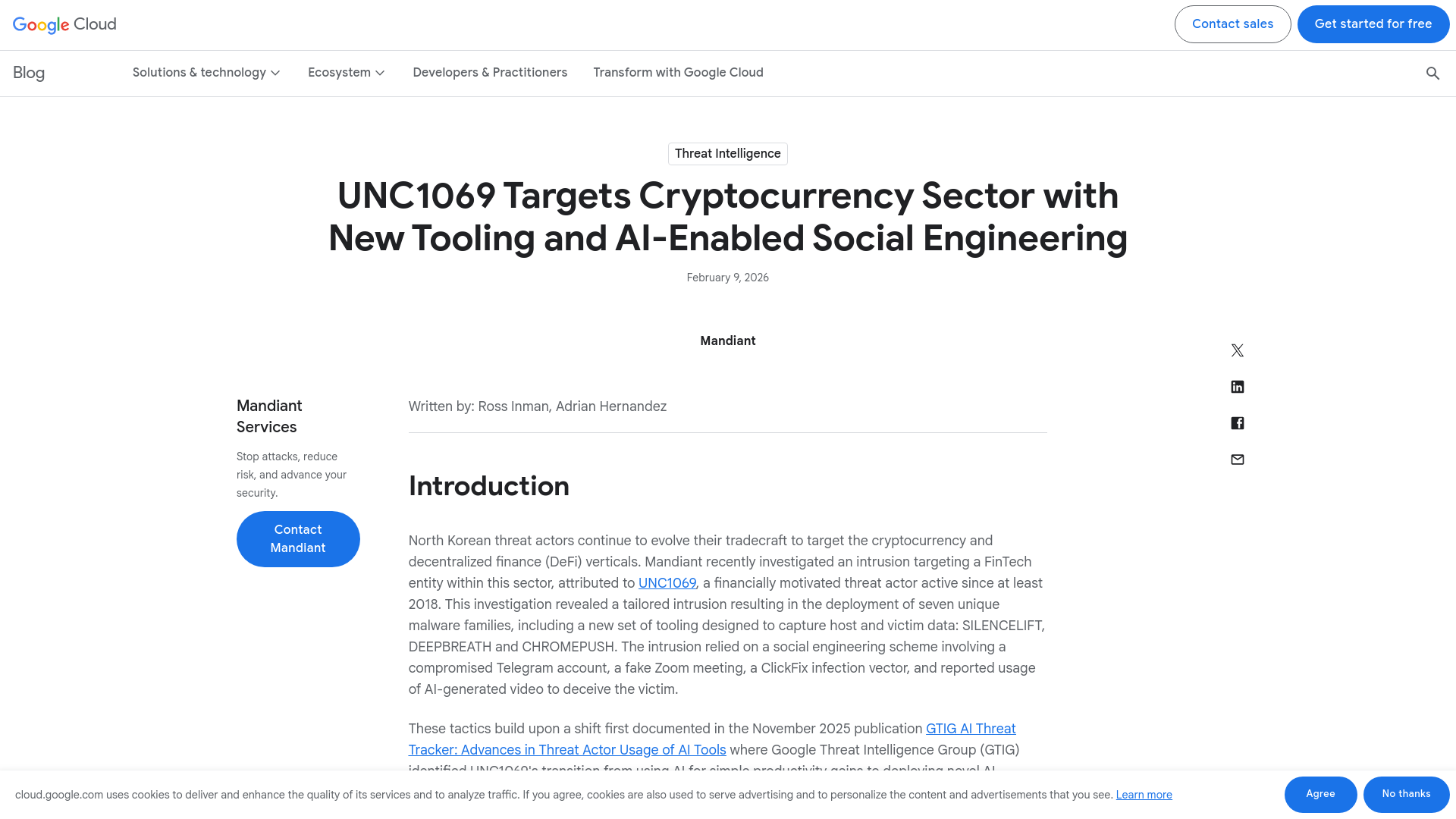 UNC1069 Targets Cryptocurrency Sector with New Tooling and AI-Enabled Social Engineering | Google Cloud Blog