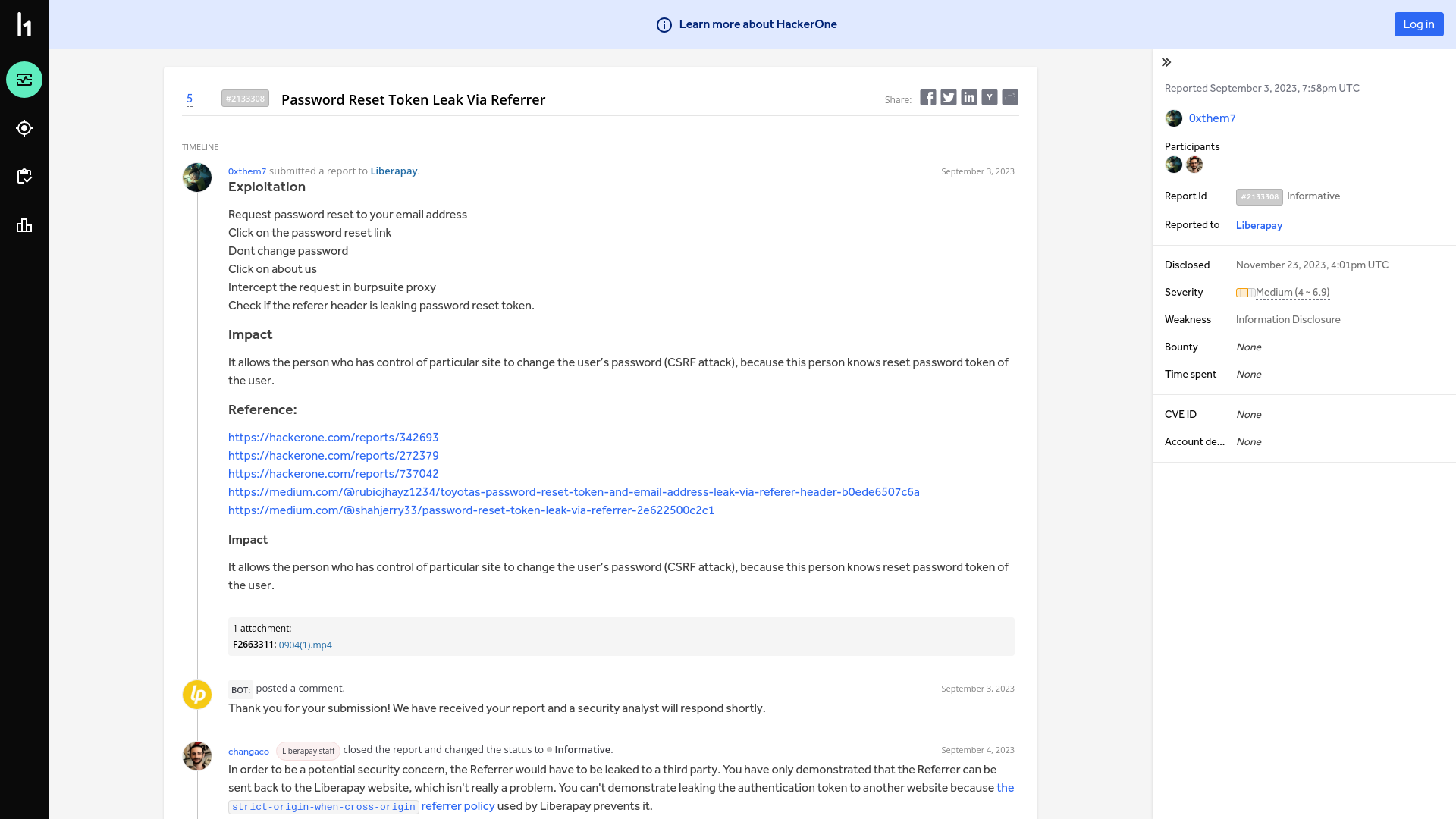 Liberapay | Report #2133308 - Password Reset Token Leak Via Referrer | HackerOne