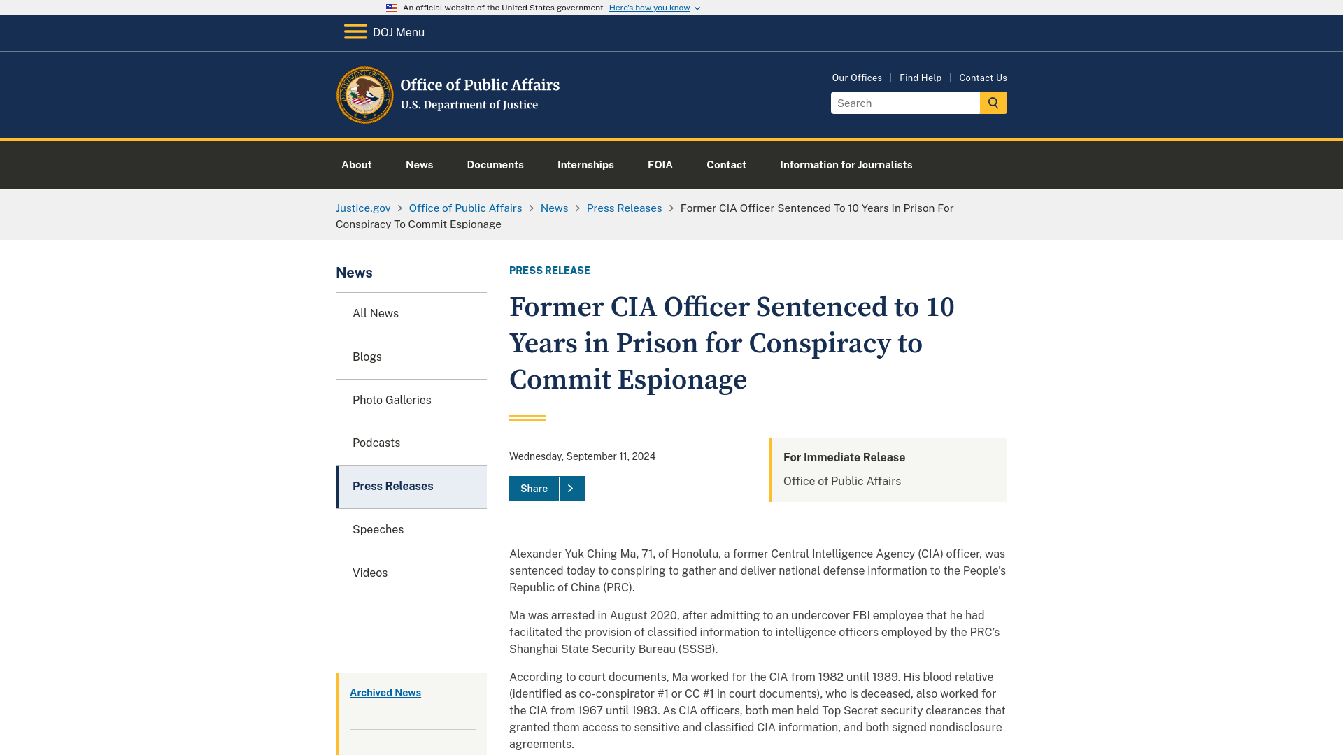 Office of Public Affairs | Former CIA Officer Sentenced to 10 Years in Prison for Conspiracy to Commit Espionage | United States Department of Justice