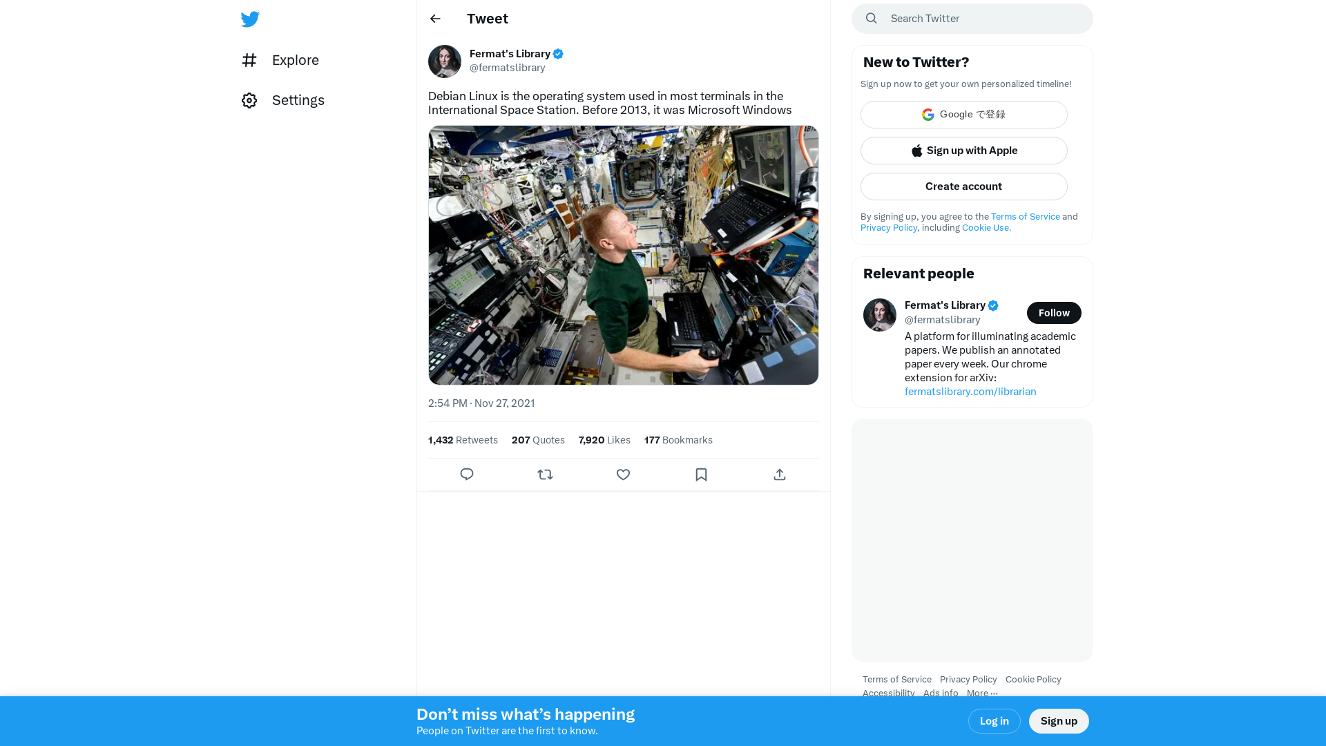 Fermat's Library on Twitter: "Debian Linux is the operating system used in most terminals in the International Space Station. Before 2013, it was Microsoft Windows https://t.co/nGVZO9Q6w2" / Twitter