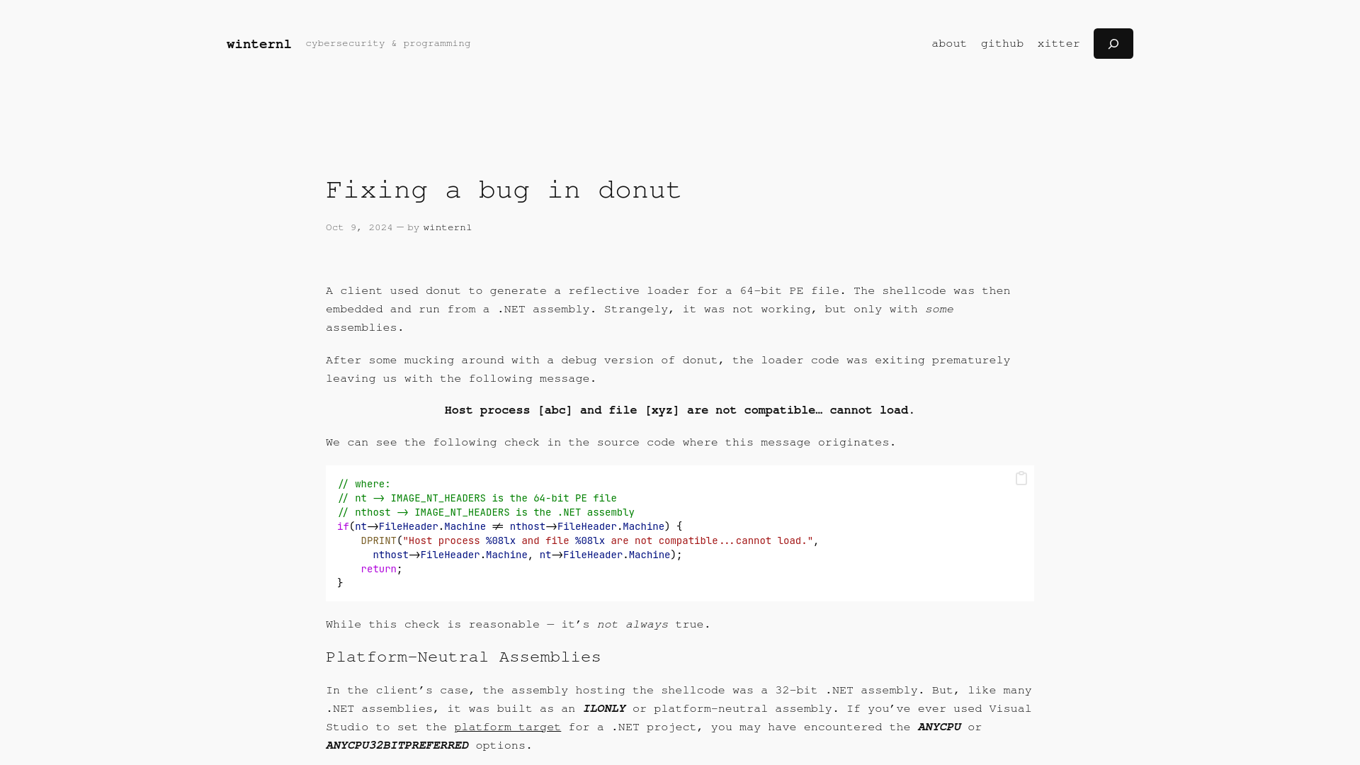 Fixing a bug in donut - winternl