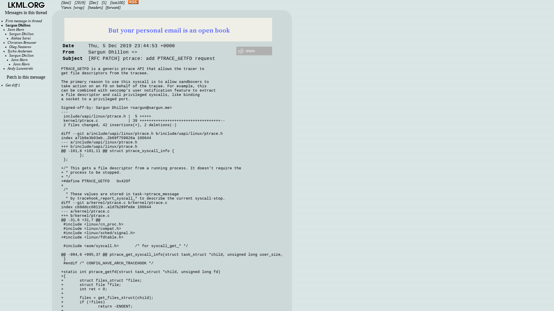 LKML: Sargun Dhillon: [RFC PATCH] ptrace: add PTRACE_GETFD request