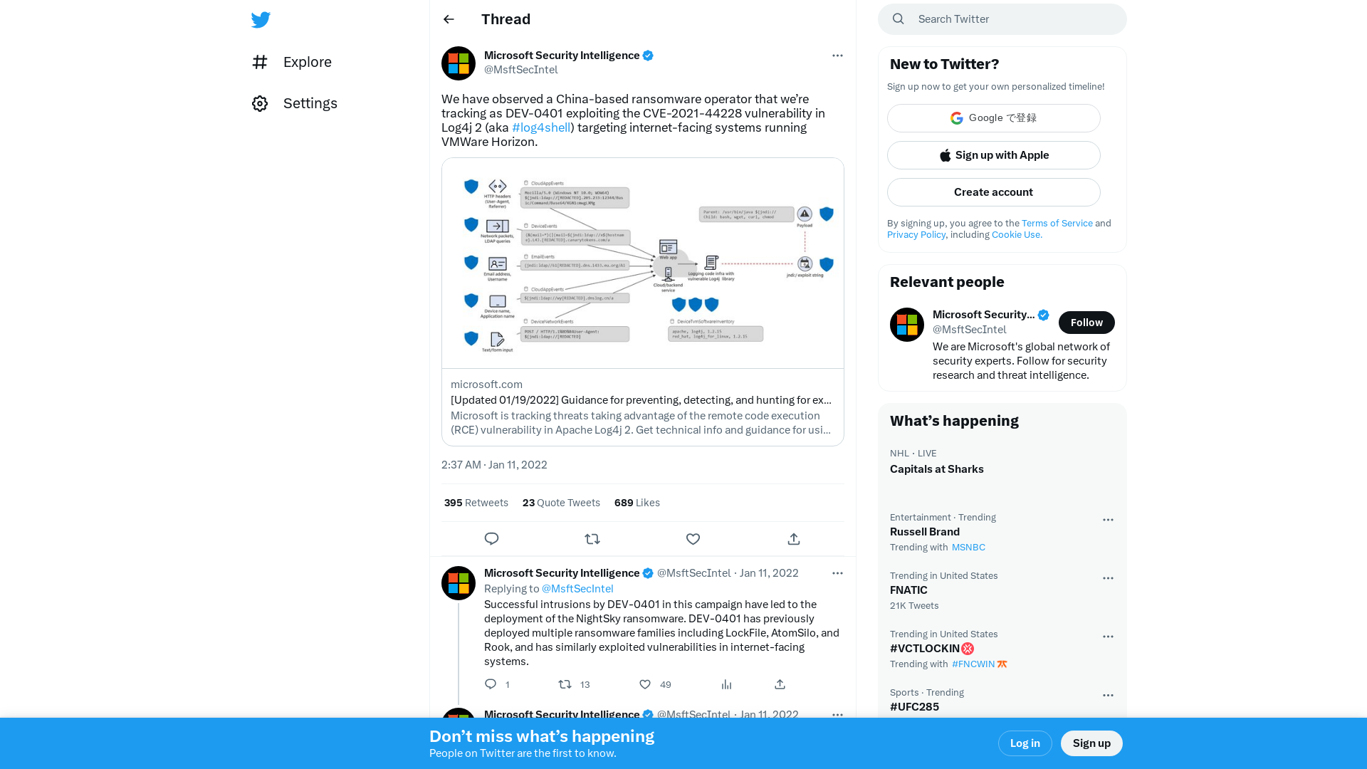 Microsoft Security Intelligence on Twitter: "We have observed a China-based ransomware operator that we’re tracking as DEV-0401 exploiting the CVE-2021-44228 vulnerability in Log4j 2 (aka #log4shell) targeting internet-facing systems running VMWare Horizon. https://t.co/6GOdRwRTjk" / Twitter