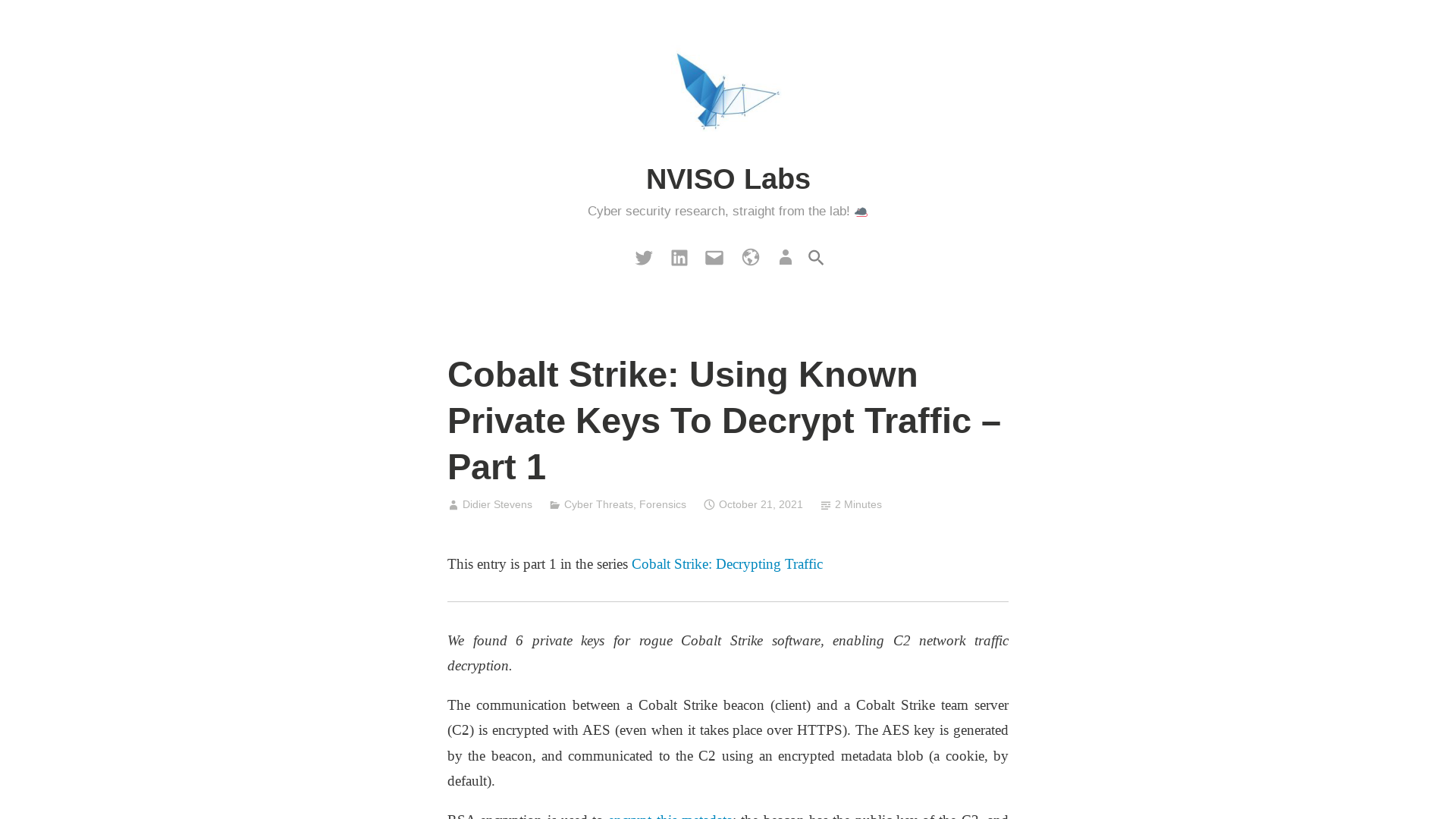 Cobalt Strike: Using Known Private Keys To Decrypt Traffic – Part 1 – NVISO Labs