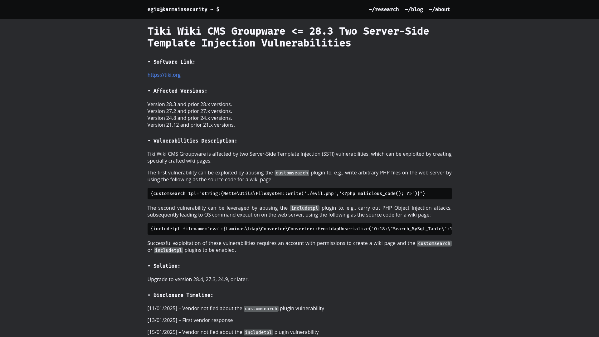 Tiki Wiki CMS Groupware <= 28.3 Two Server-Side Template Injection Vulnerabilities | Karma(In)Security
