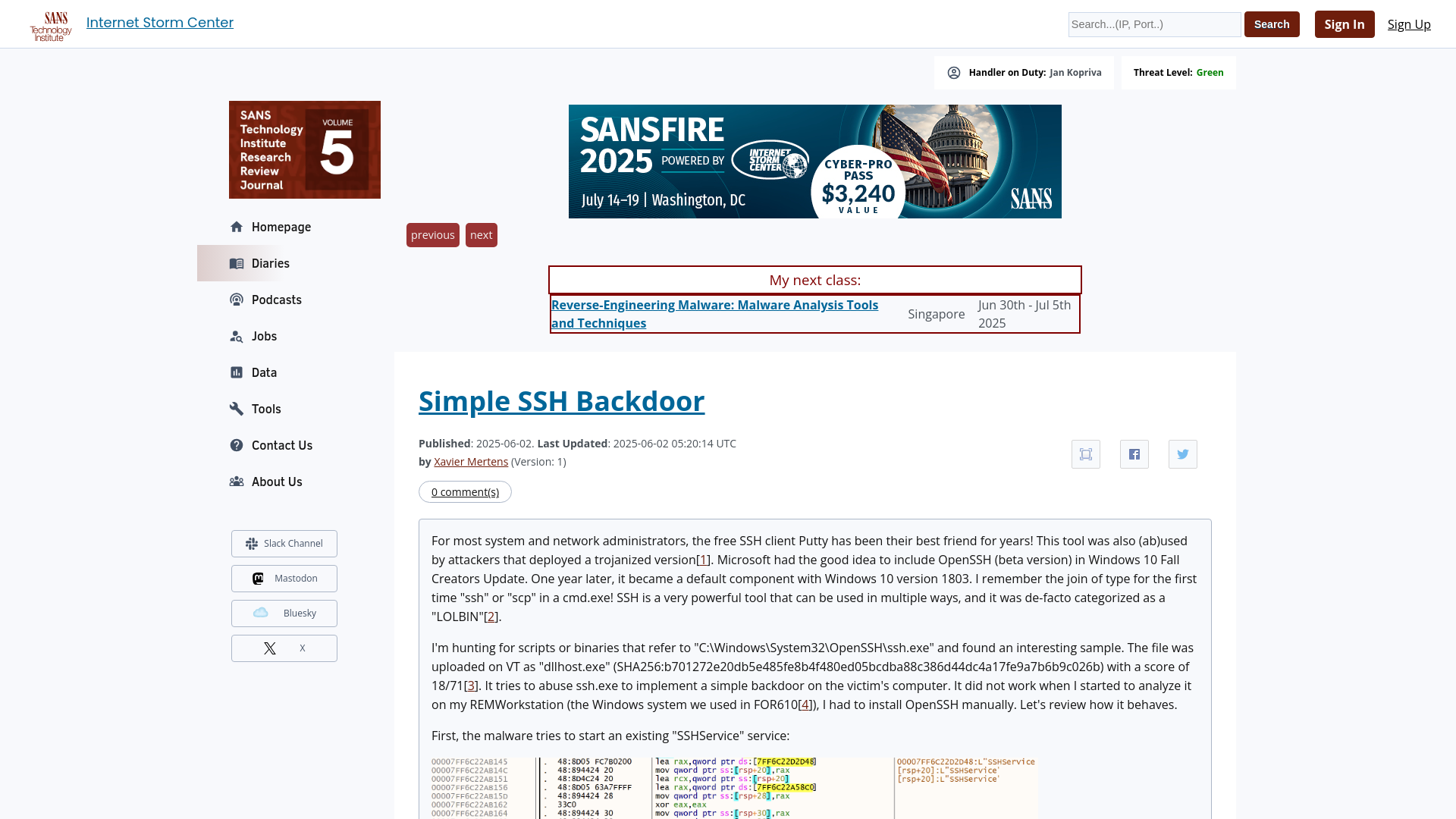 Simple SSH Backdoor - SANS Internet Storm Center