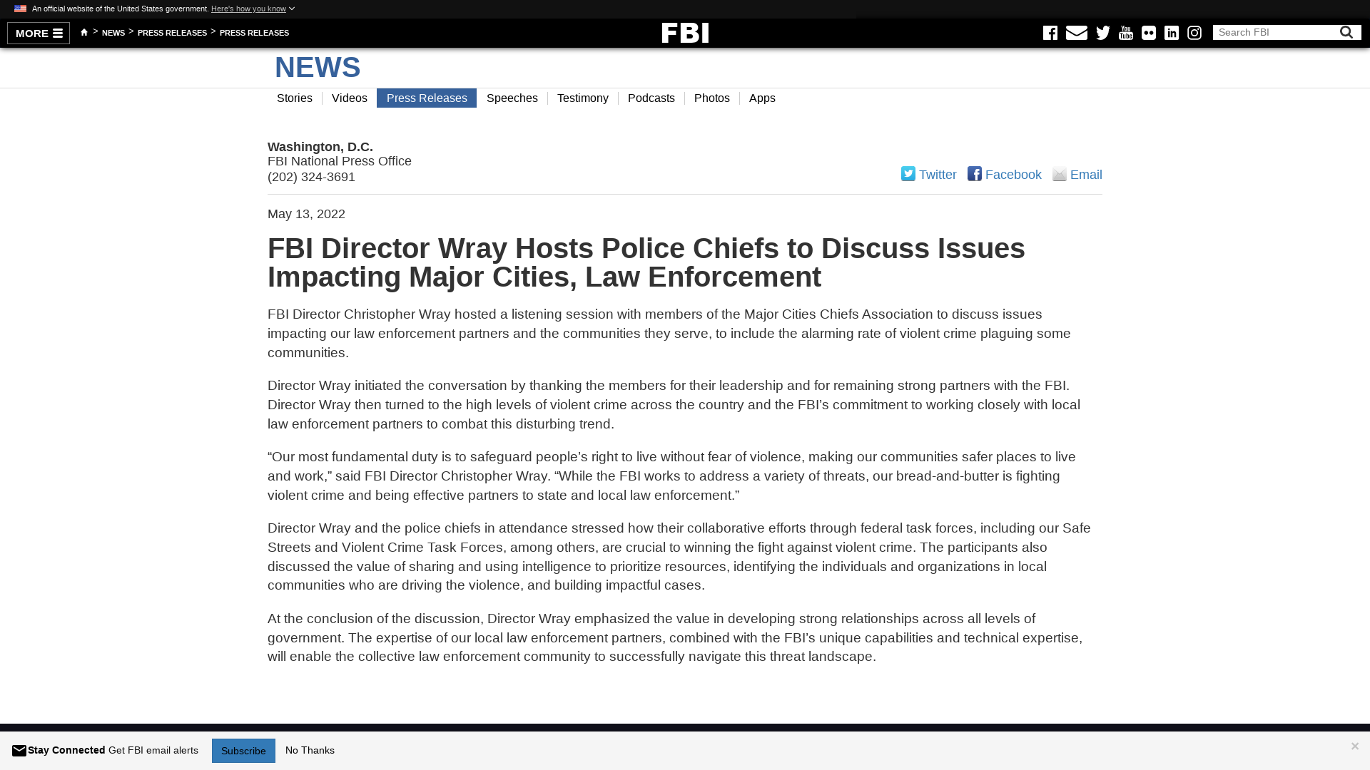 FBI Director Wray Hosts Police Chiefs to Discuss Issues Impacting Major Cities, Law Enforcement — FBI