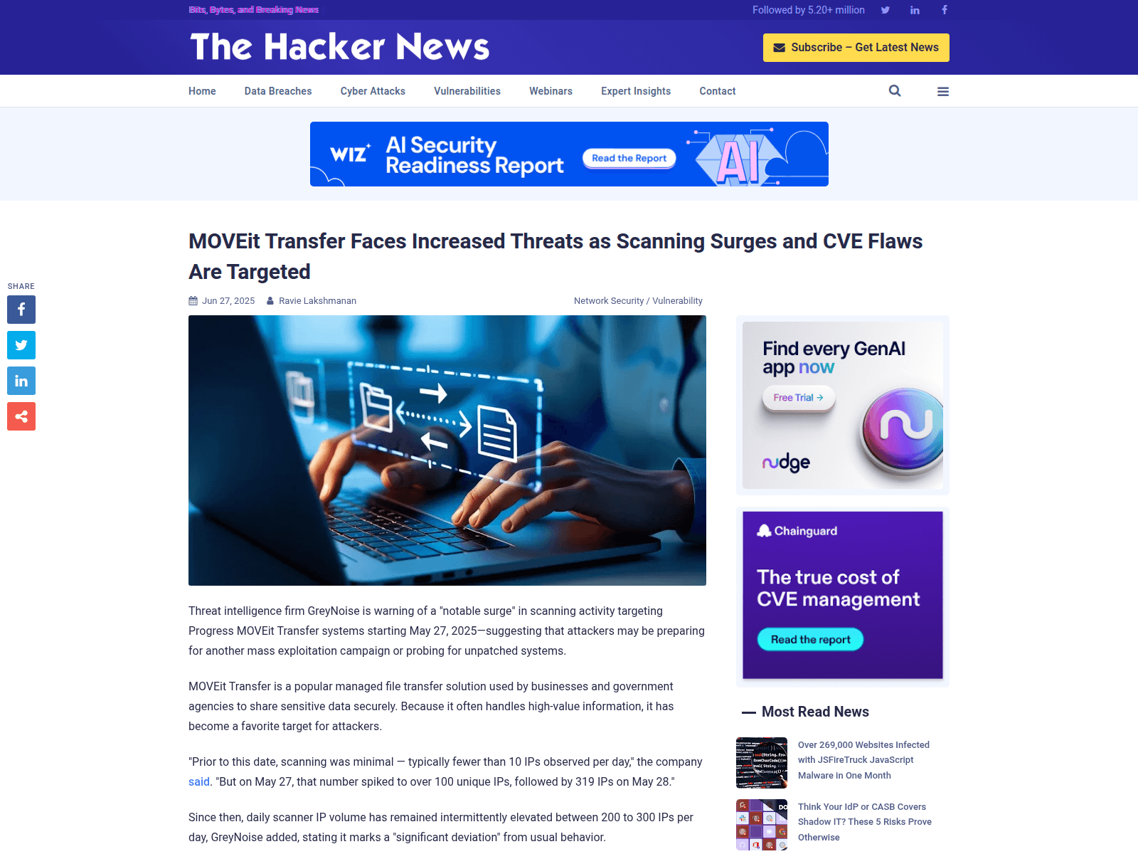 MOVEit Transfer Faces Increased Threats as Scanning Surges and CVE Flaws Are Targeted