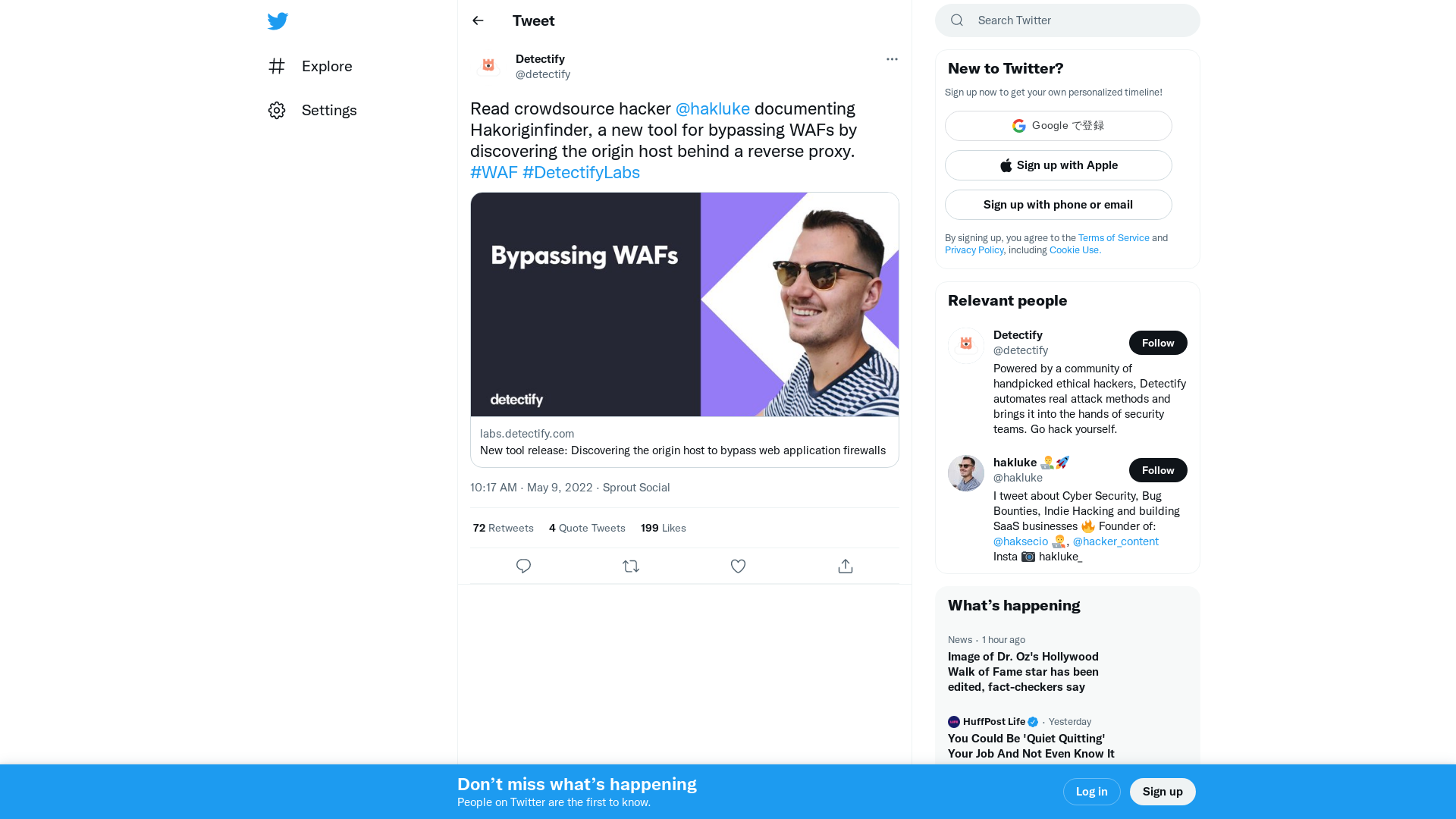 Detectify on Twitter: "Read crowdsource hacker @hakluke documenting Hakoriginfinder, a new tool for bypassing WAFs by discovering the origin host behind a reverse proxy. #WAF #DetectifyLabs https://t.co/koL5VNiFZ7" / Twitter