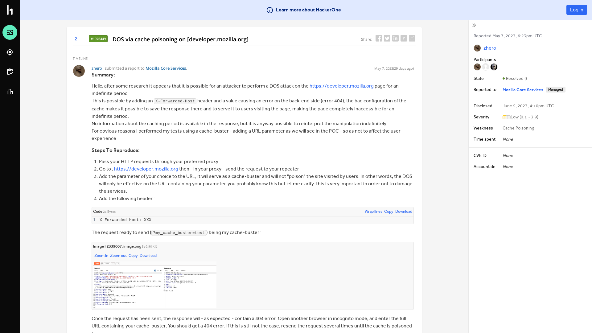 Mozilla Core Services | Report #1976449 - DOS via cache poisoning on [developer.mozilla.org] | HackerOne