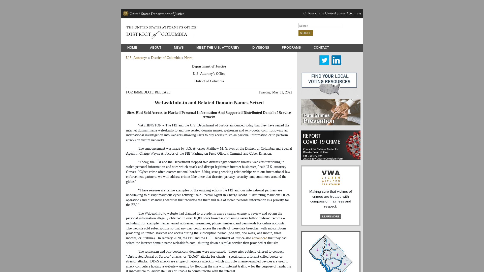 WeLeakInfo.to and Related Domain Names Seized | USAO-DC | Department of Justice