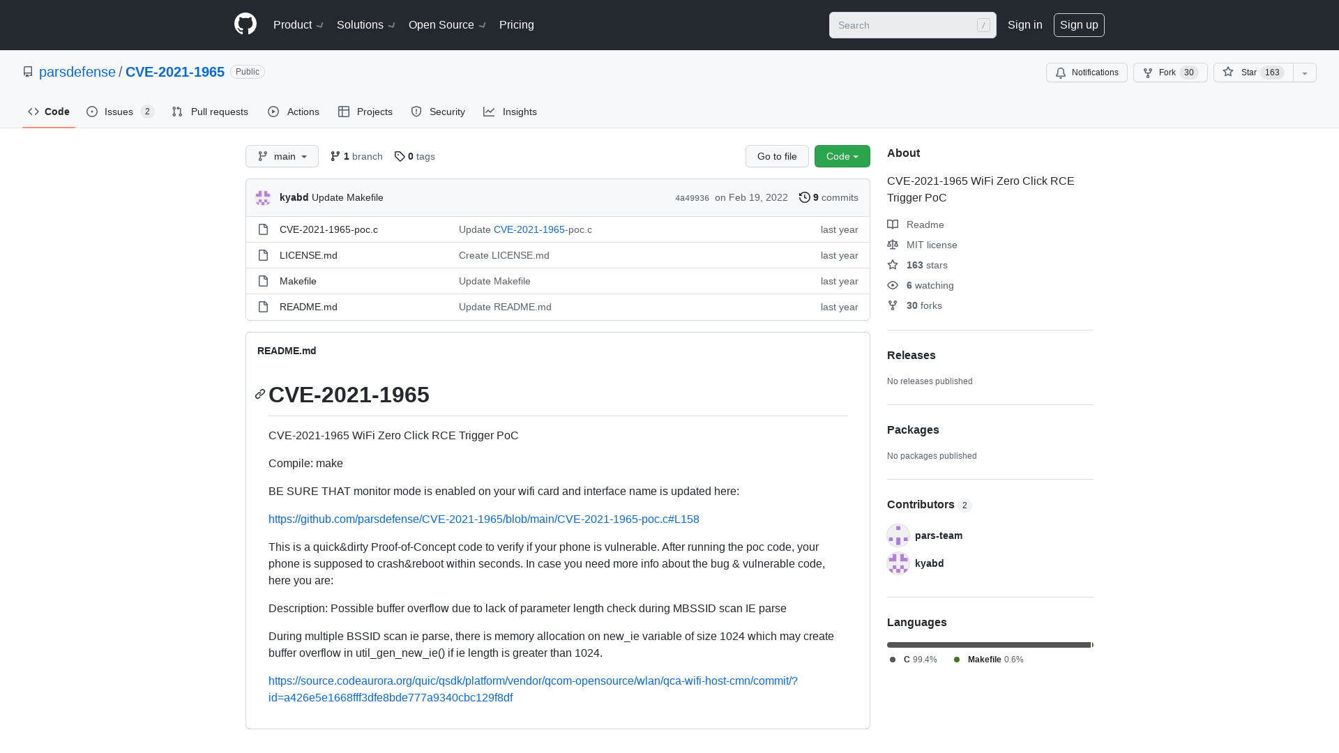 GitHub - parsdefense/CVE-2021-1965: CVE-2021-1965 WiFi Zero Click RCE Trigger PoC