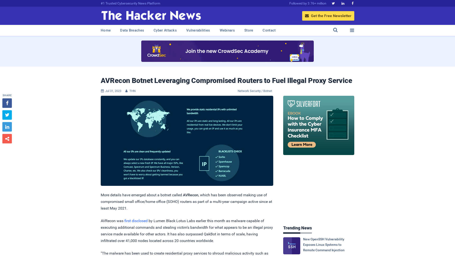 AVRecon Botnet Leveraging Compromised Routers to Fuel Illegal Proxy Service