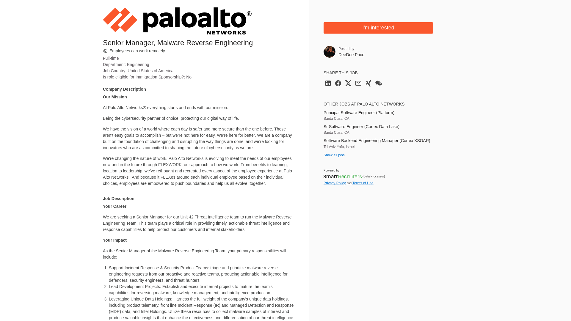 Palo Alto Networks Senior Manager, Malware Reverse Engineering | SmartRecruiters