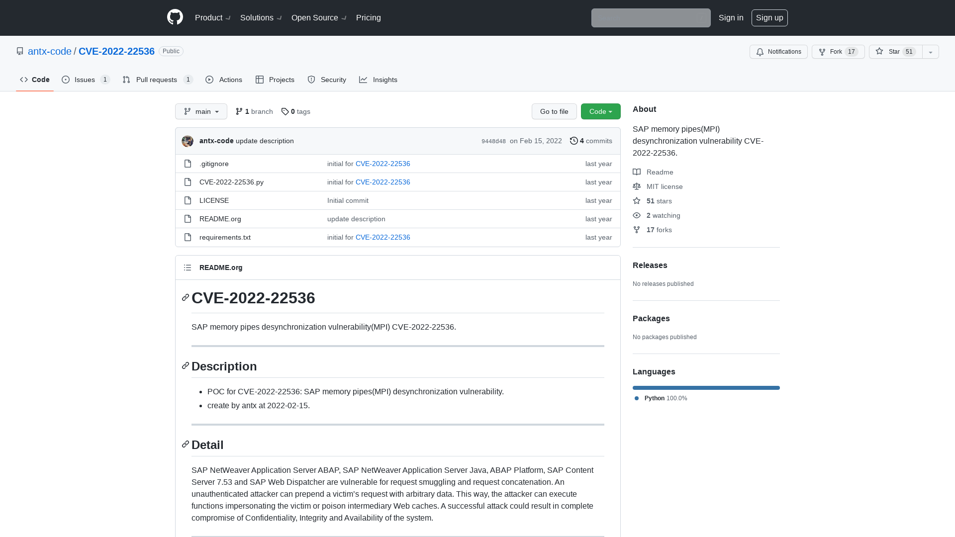 GitHub - antx-code/CVE-2022-22536: SAP memory pipes(MPI) desynchronization vulnerability CVE-2022-22536.