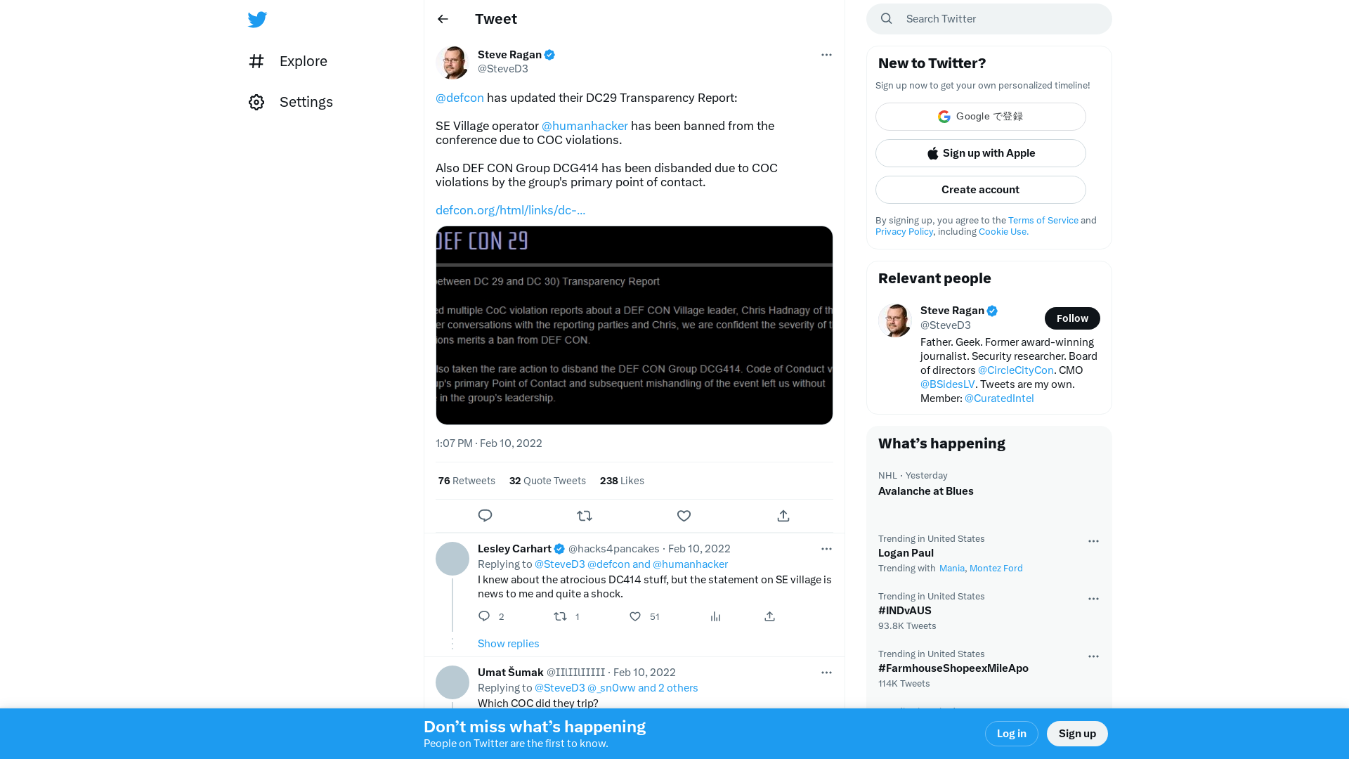 Steve Ragan on Twitter: "@defcon has updated their DC29 Transparency Report: SE Village operator @humanhacker has been banned from the conference due to COC violations. Also DEF CON Group DCG414 has been disbanded due to COC violations by the group's primary point of contact. https://t.co/kMlFtJu78s https://t.co/TrqgmZDakY" / Twitter
