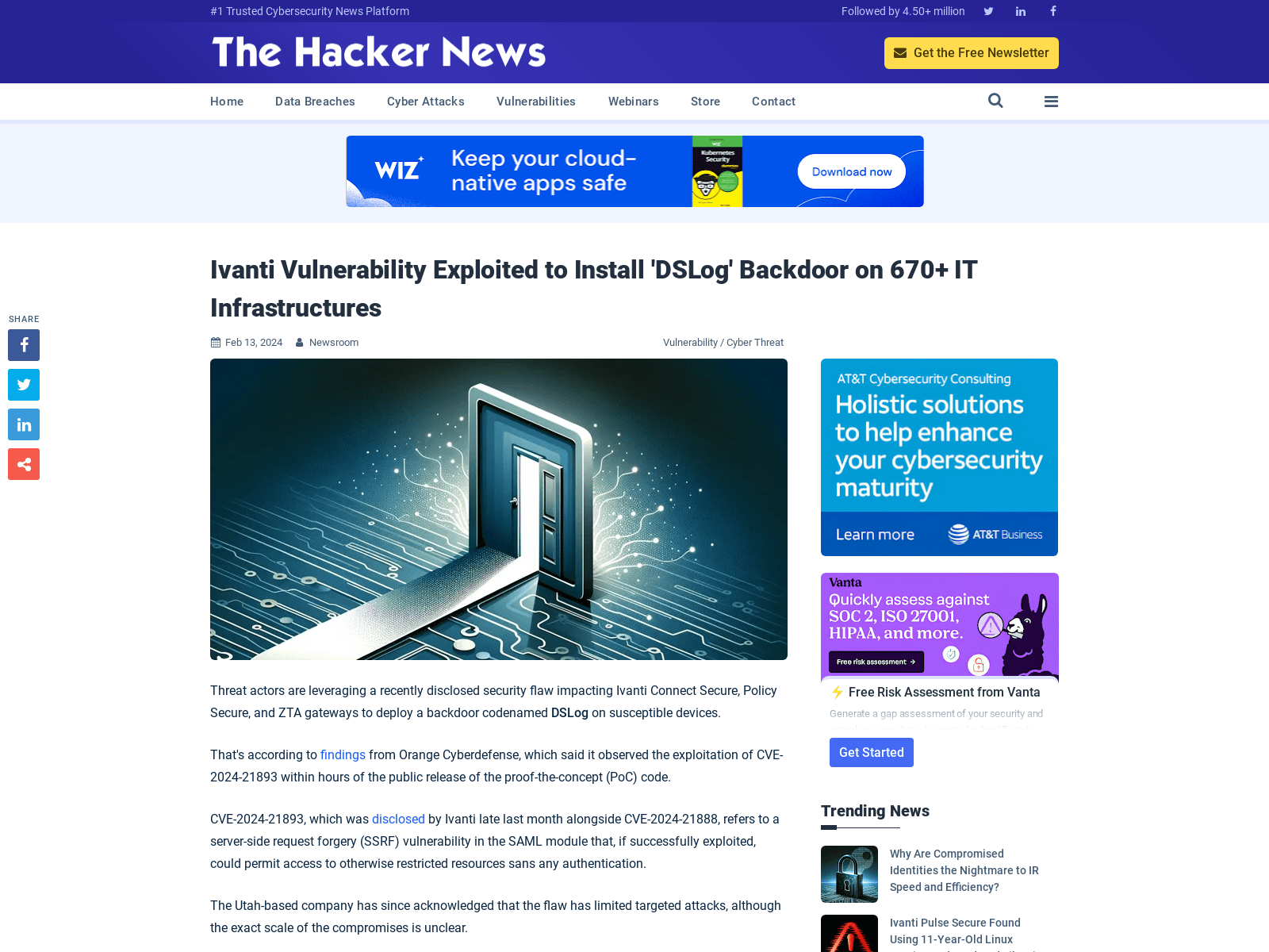 Ivanti Vulnerability Exploited to Install 'DSLog' Backdoor on 670+ IT Infrastructures