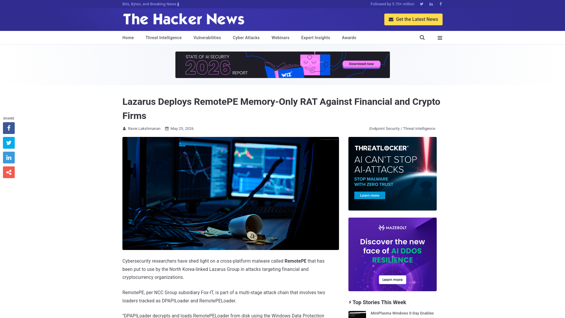 Lazarus Deploys RemotePE Memory-Only RAT Against Financial and Crypto Firms
