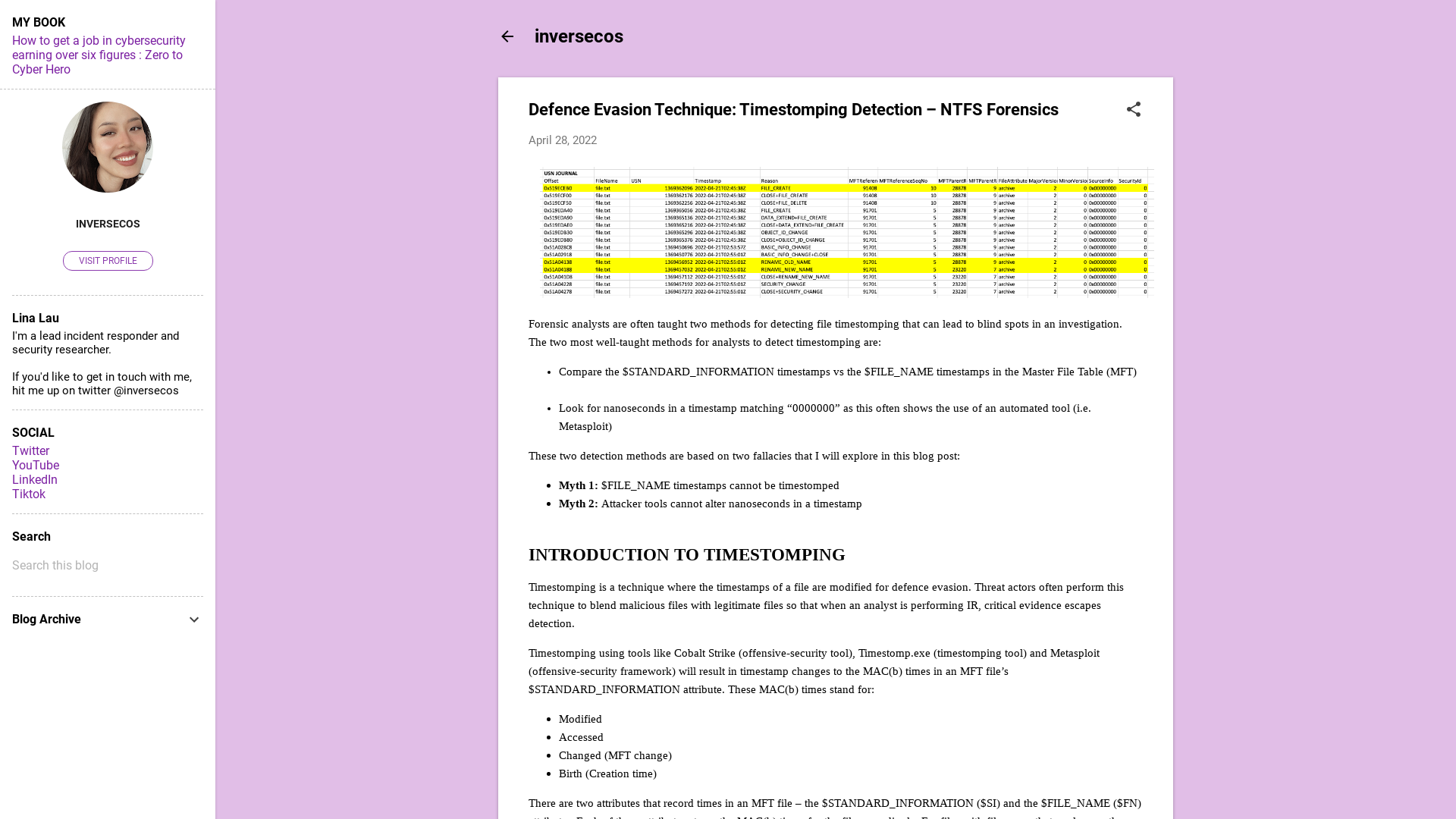 Defence Evasion Technique: Timestomping Detection – NTFS Forensics