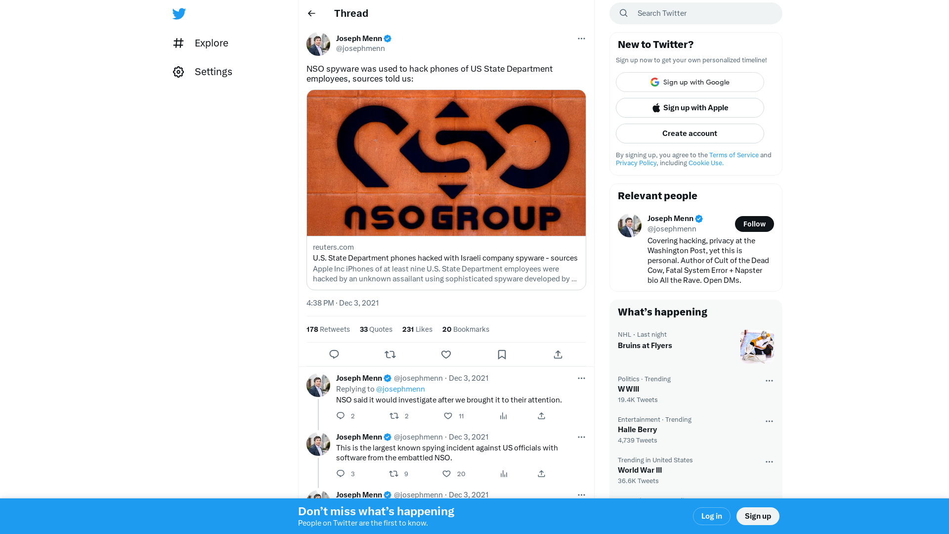 Joseph Menn on Twitter: "NSO spyware was used to hack phones of US State Department employees, sources told us: https://t.co/8uSObLmheG" / Twitter