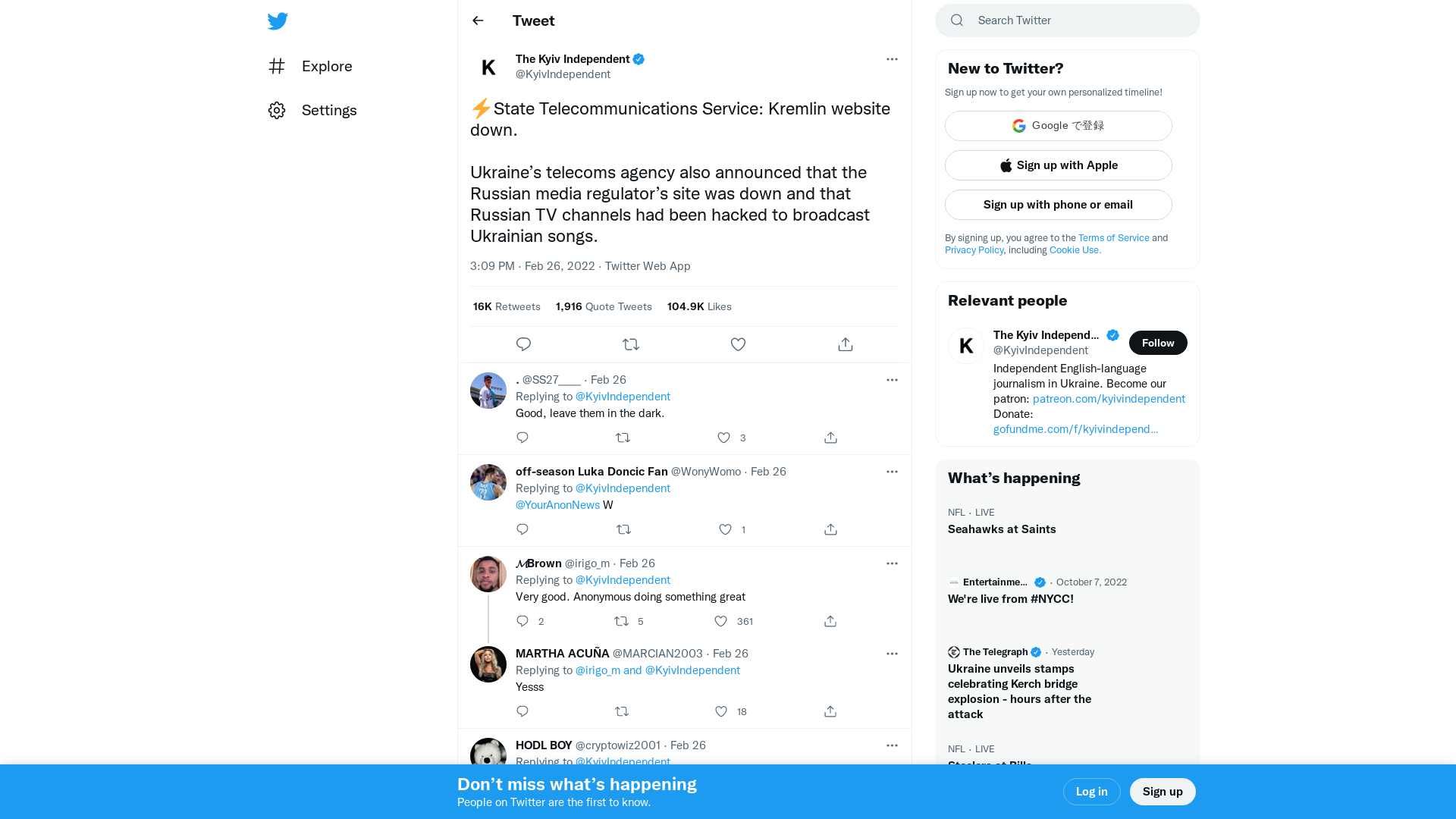 The Kyiv Independent on Twitter: "⚡️State Telecommunications Service: Kremlin website down. Ukraine’s telecoms agency also announced that the Russian media regulator’s site was down and that Russian TV channels had been hacked to broadcast Ukrainian songs." / Twitter
