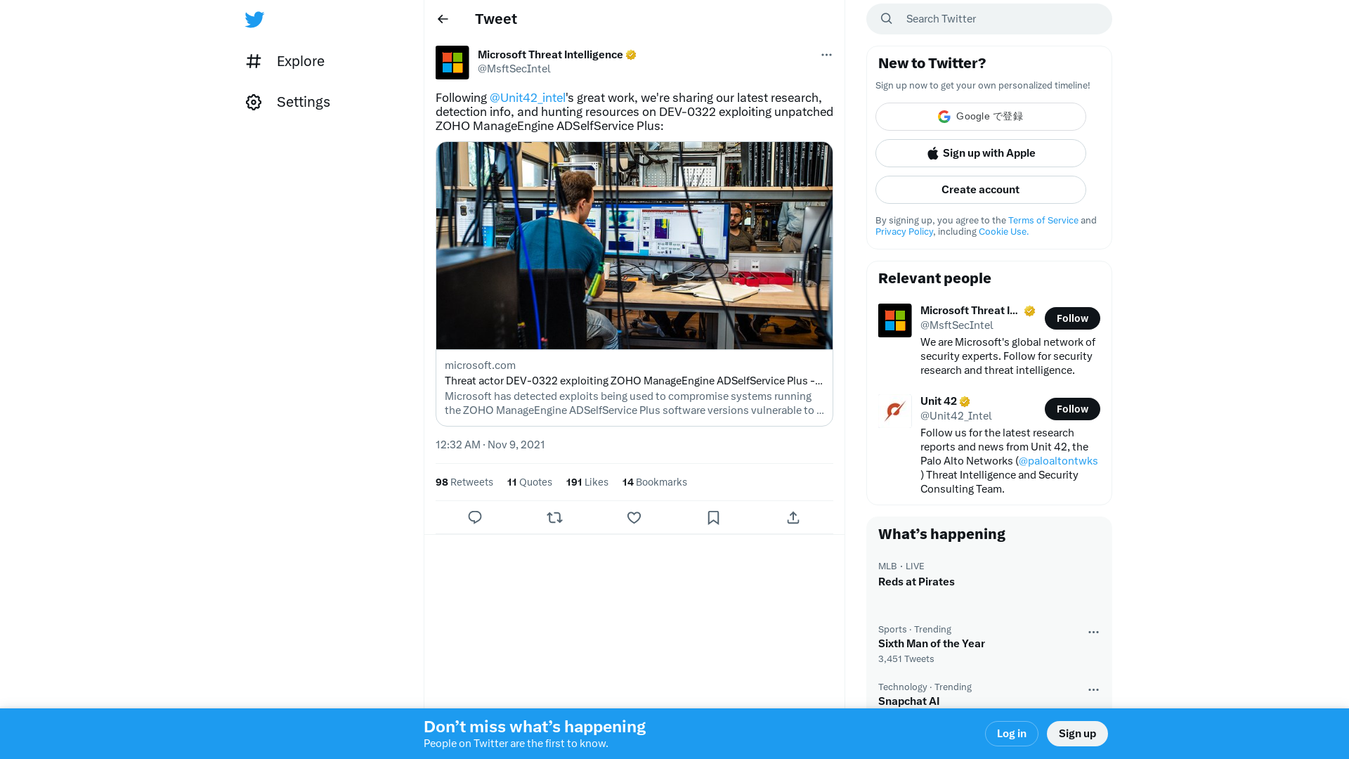 Microsoft Threat Intelligence on Twitter: "Following @Unit42_intel's great work, we're sharing our latest research, detection info, and hunting resources on DEV-0322 exploiting unpatched ZOHO ManageEngine ADSelfService Plus: https://t.co/8C9fQd3wq5" / Twitter