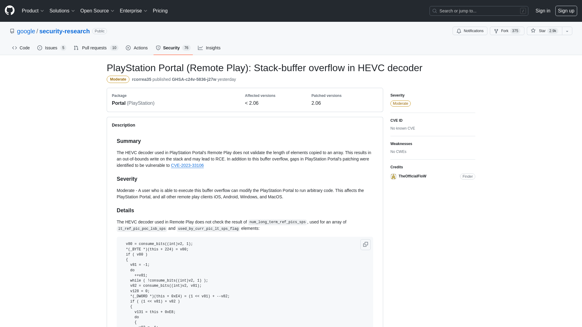 PlayStation Portal (Remote Play): Stack-buffer overflow in HEVC decoder · Advisory · google/security-research · GitHub