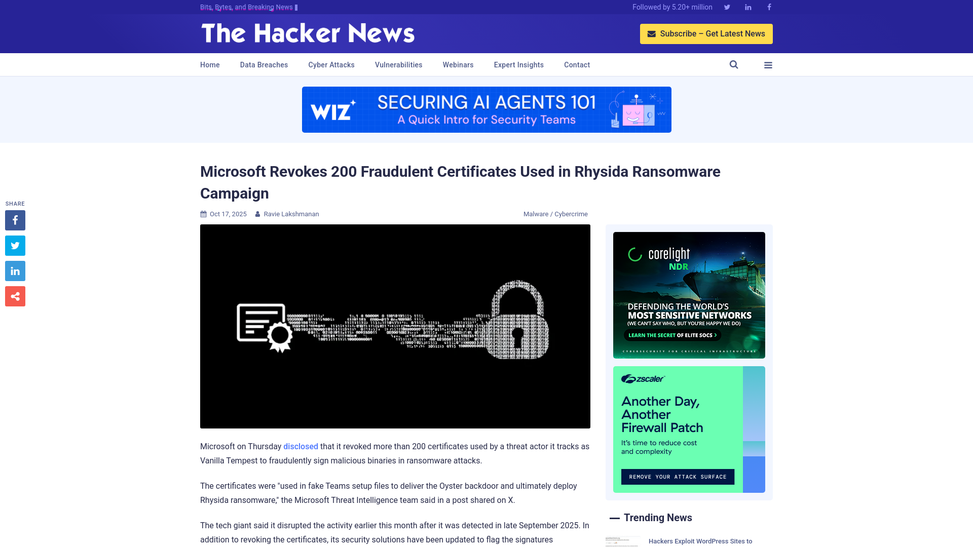 Microsoft Revokes 200 Fraudulent Certificates Used in Rhysida Ransomware Campaign