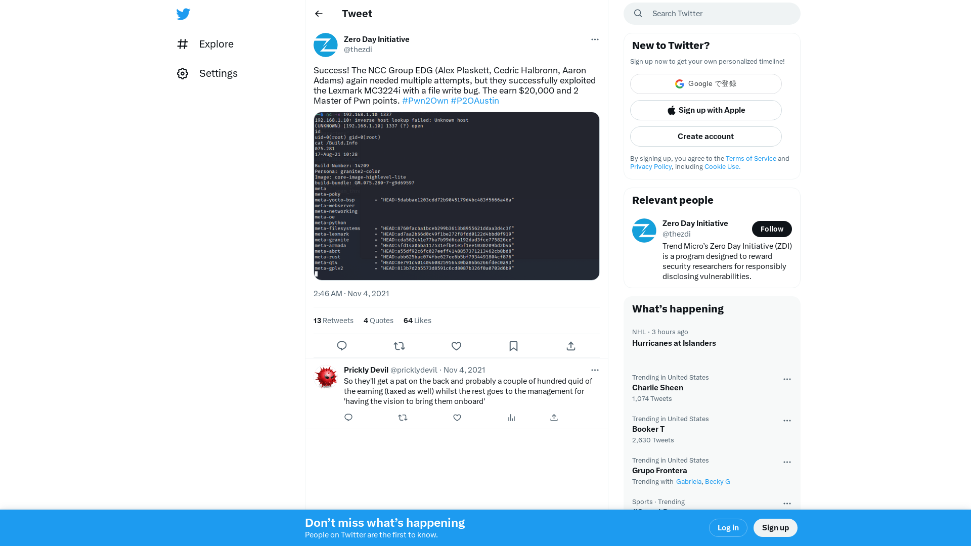 Zero Day Initiative on Twitter: "Success! The NCC Group EDG (Alex Plaskett, Cedric Halbronn, Aaron Adams) again needed multiple attempts, but they successfully exploited the Lexmark MC3224i with a file write bug. The earn $20,000 and 2 Master of Pwn points. #Pwn2Own #P2OAustin https://t.co/4nl2owS04C" / Twitter