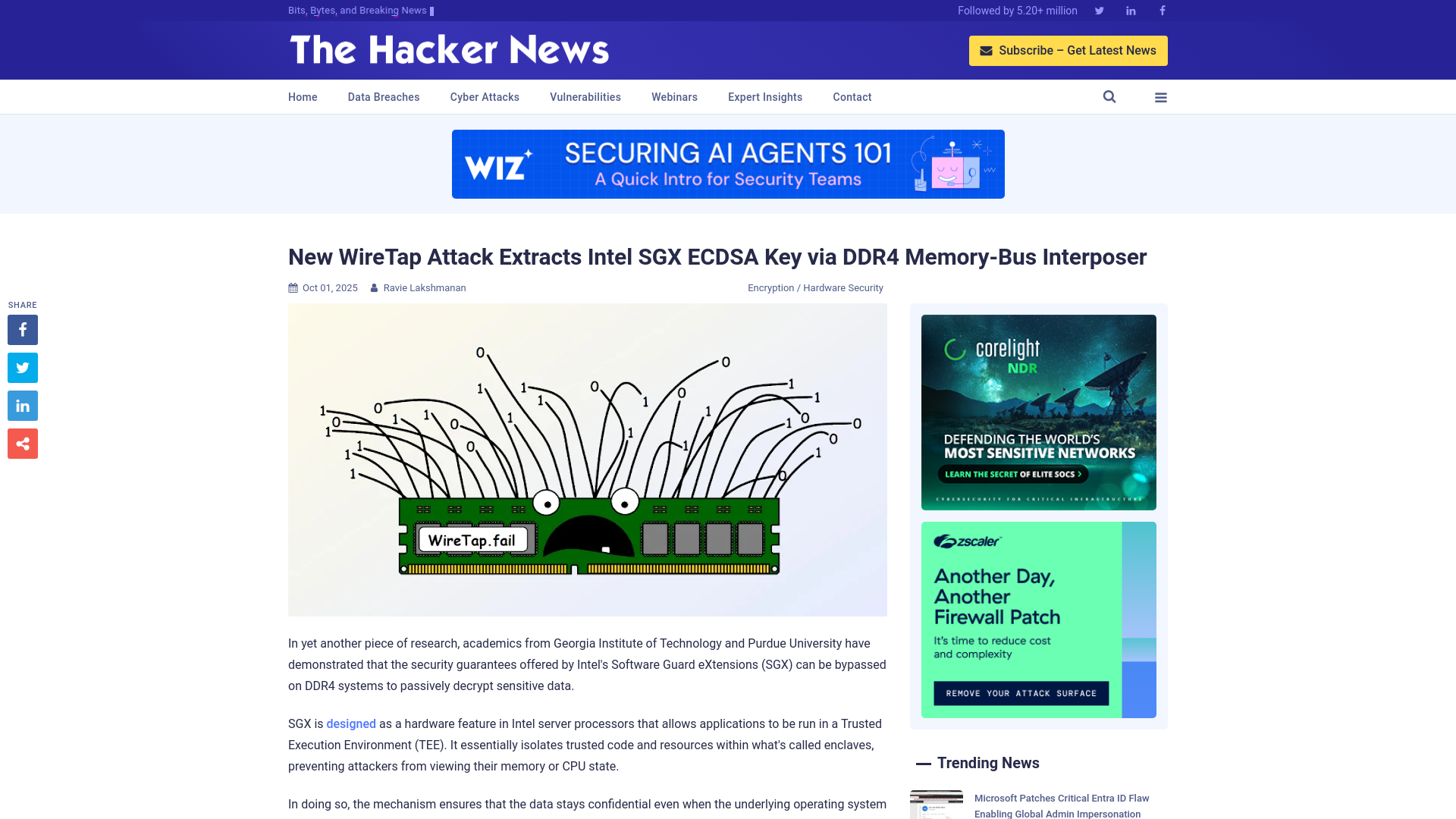 New WireTap Attack Extracts Intel SGX ECDSA Key via DDR4 Memory-Bus Interposer